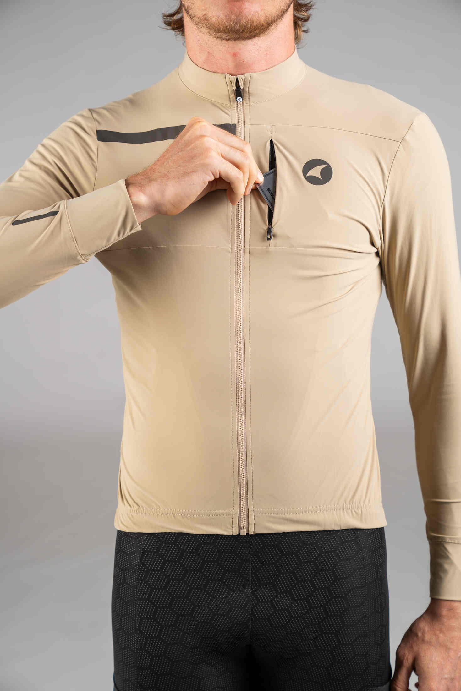 Men's Beige Long Sleeve Gravel Cycling Jersey - Chest Pocket