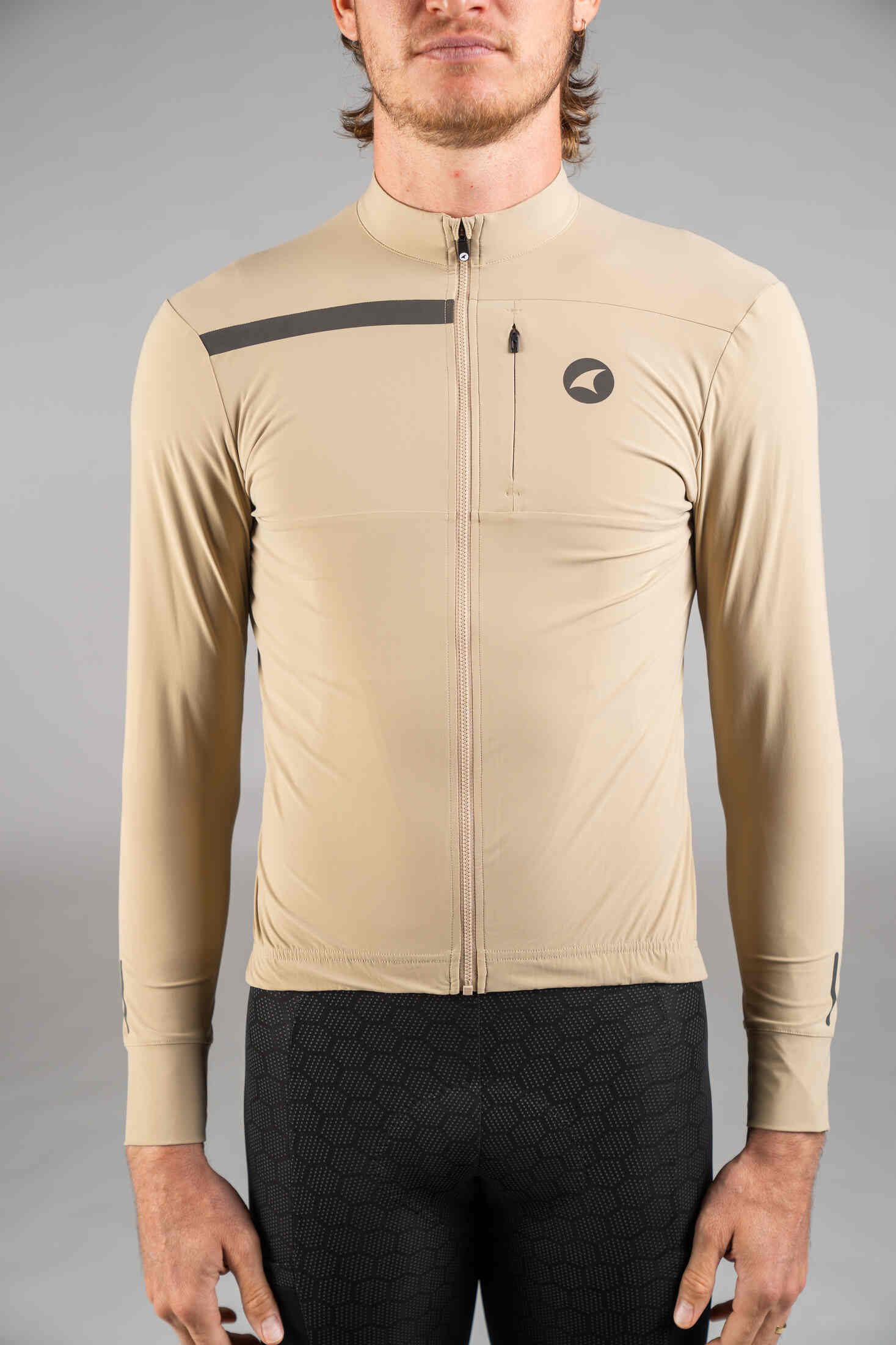 Men's Beige Long Sleeve Gravel Cycling Jersey - Front Close-Up