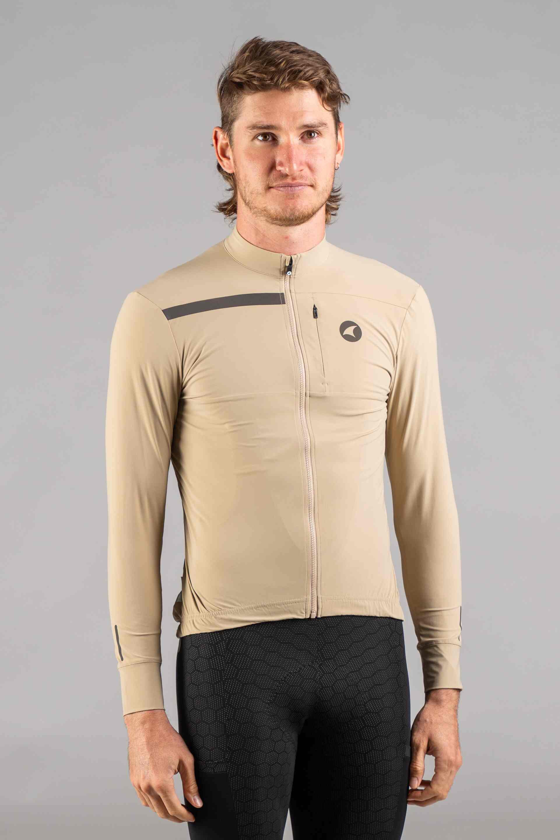 Men's Beige Long Sleeve Gravel Cycling Jersey - Front View