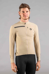 Men's Beige Long Sleeve Gravel Cycling Jersey - Front View