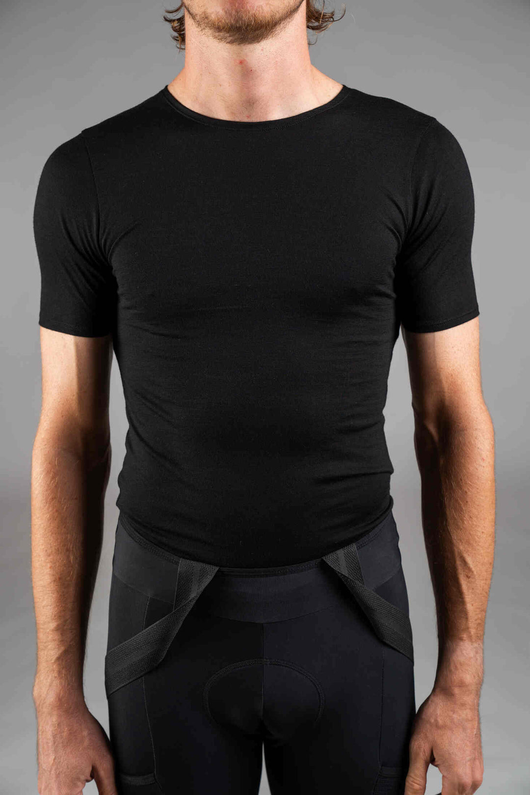 Men's Black Merino Wool Cycling Base Layer - Front Close-Up