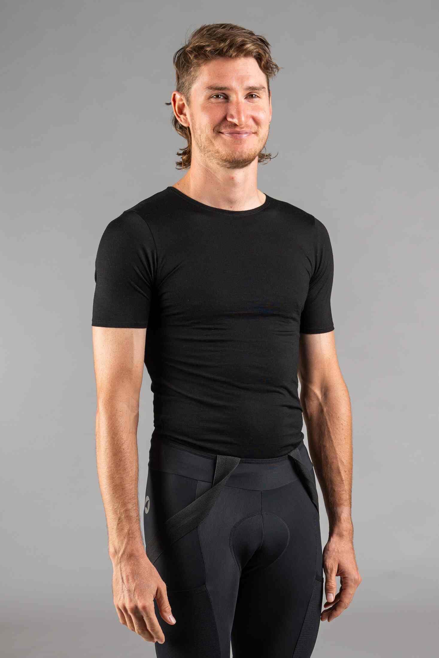 Men's Black Merino Wool Cycling Base Layer - Front View