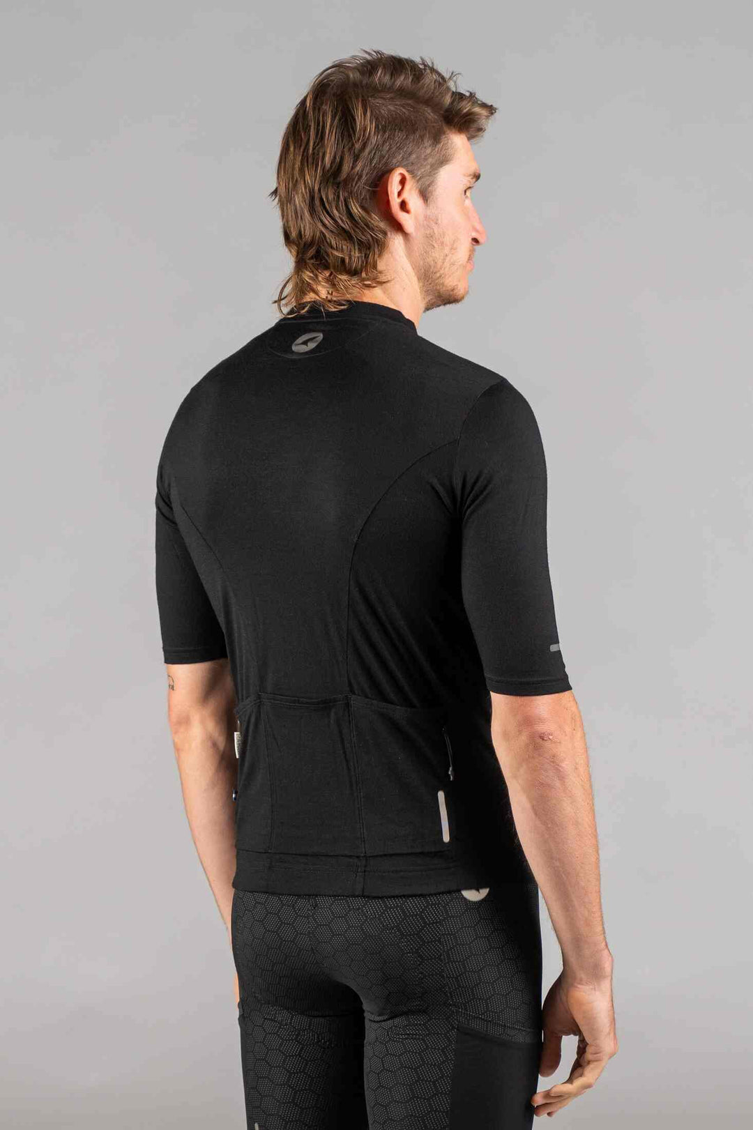 Men's Black Merino Wool Cycling Jersey - Back View