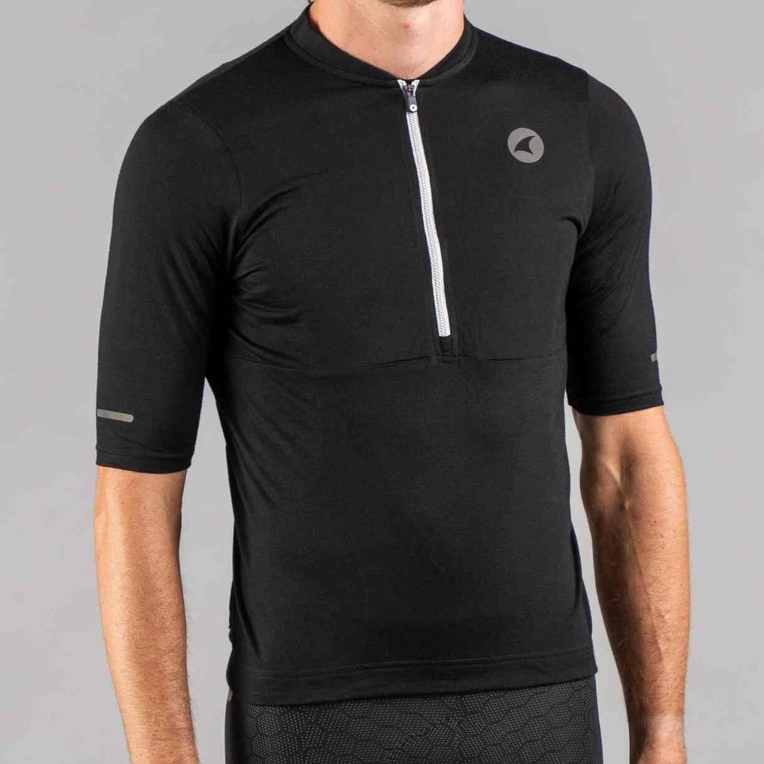 Men's Black Merino Wool Cycling Jersey - Front View