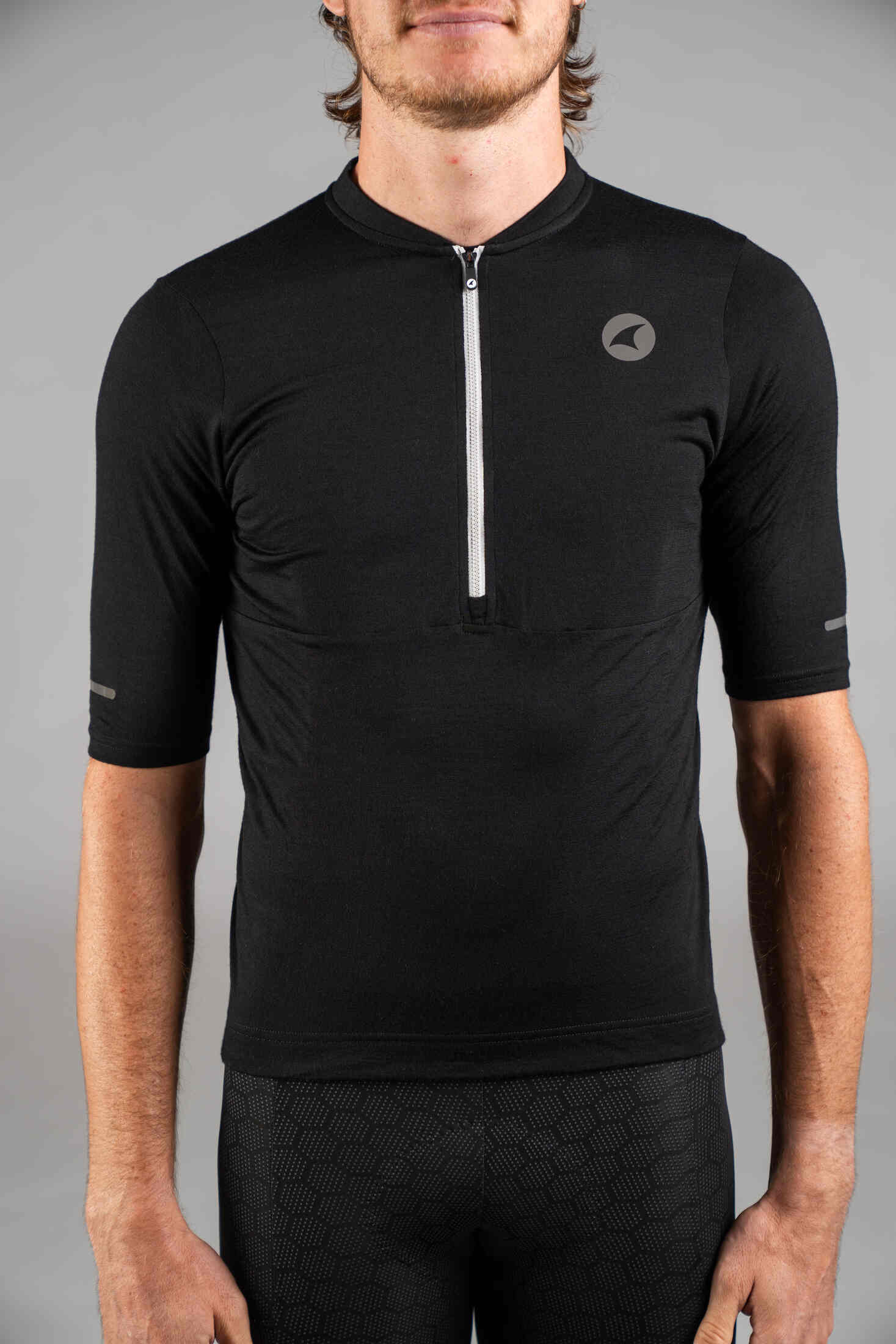 Men's Black Merino Wool Cycling Jersey - Front Zipper