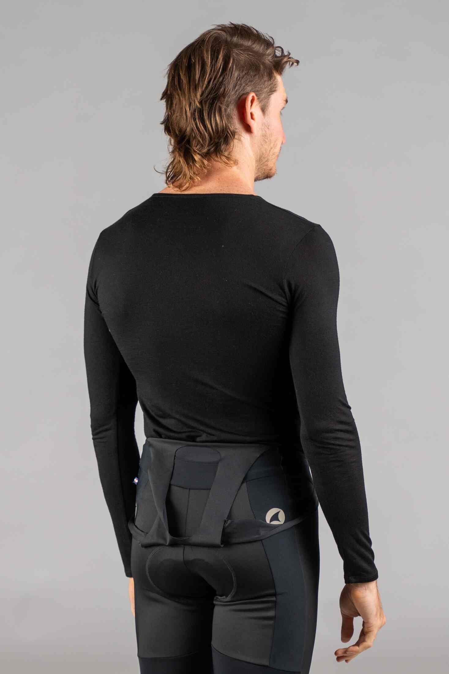 Men's Black Merino Wool Long Sleeve Cycling Base Layer - Back View