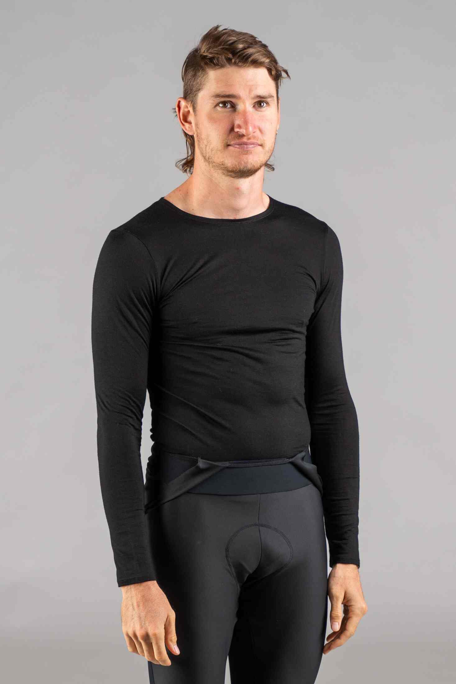 Men's Black Merino Wool Long Sleeve Cycling Base Layer - Front View