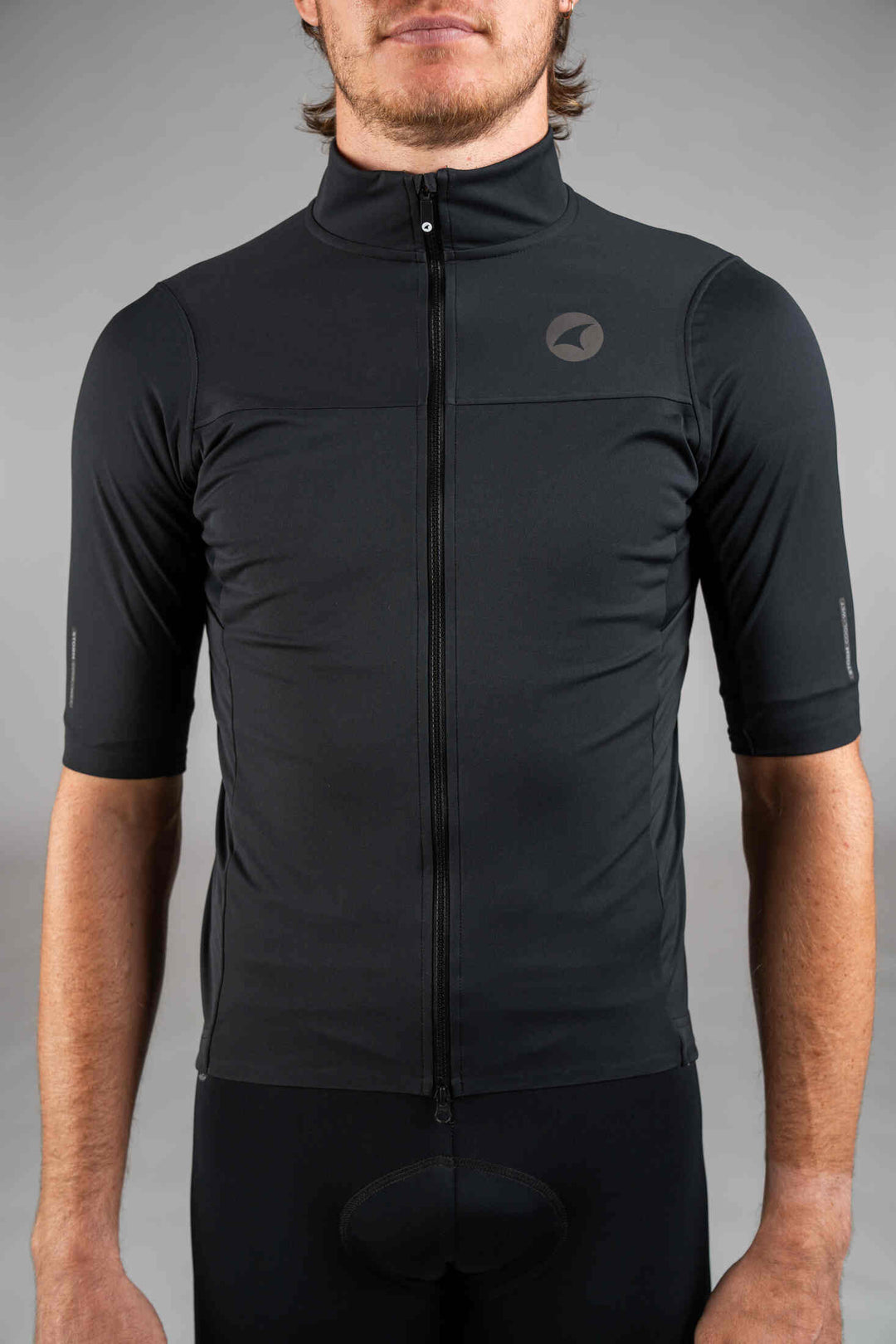 Men's Black Water-Resistant Short Sleeve Cycling Jacket - Front View Close-Up