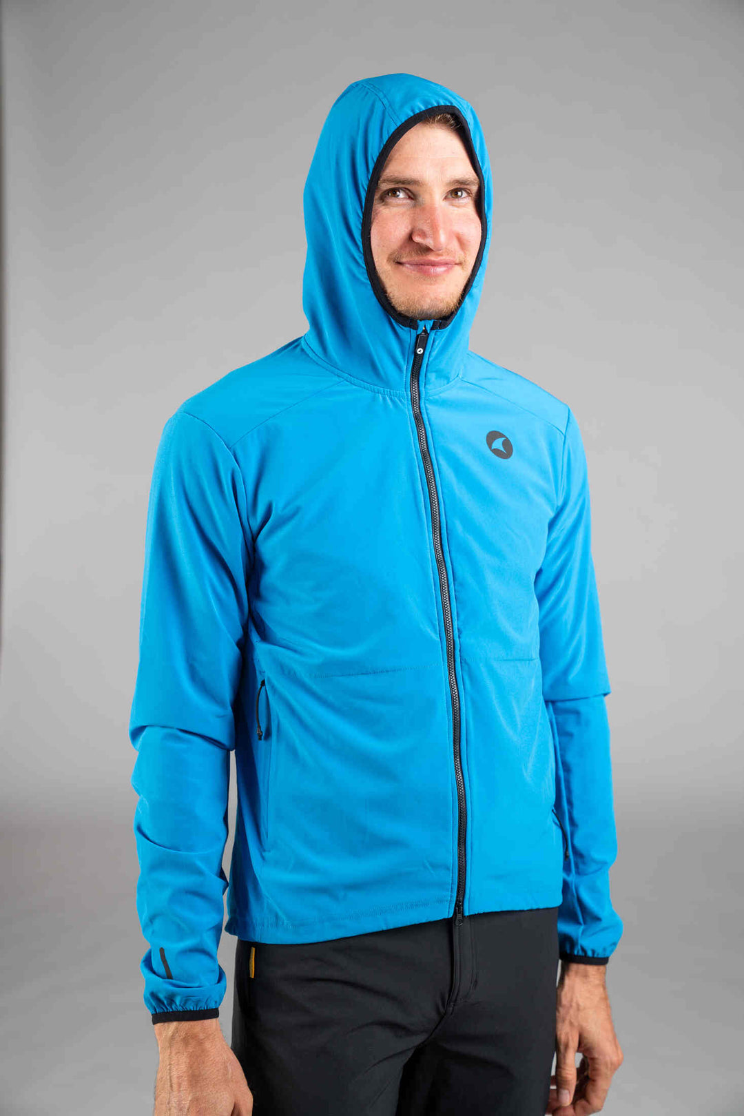 Men's Blue Insulated Cycling Jacket - Hood Front View