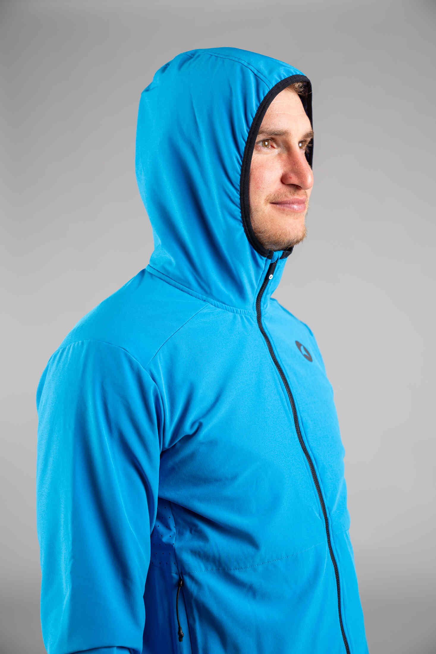 Men's Blue Insulated Cycling Jacket - Hood Side View