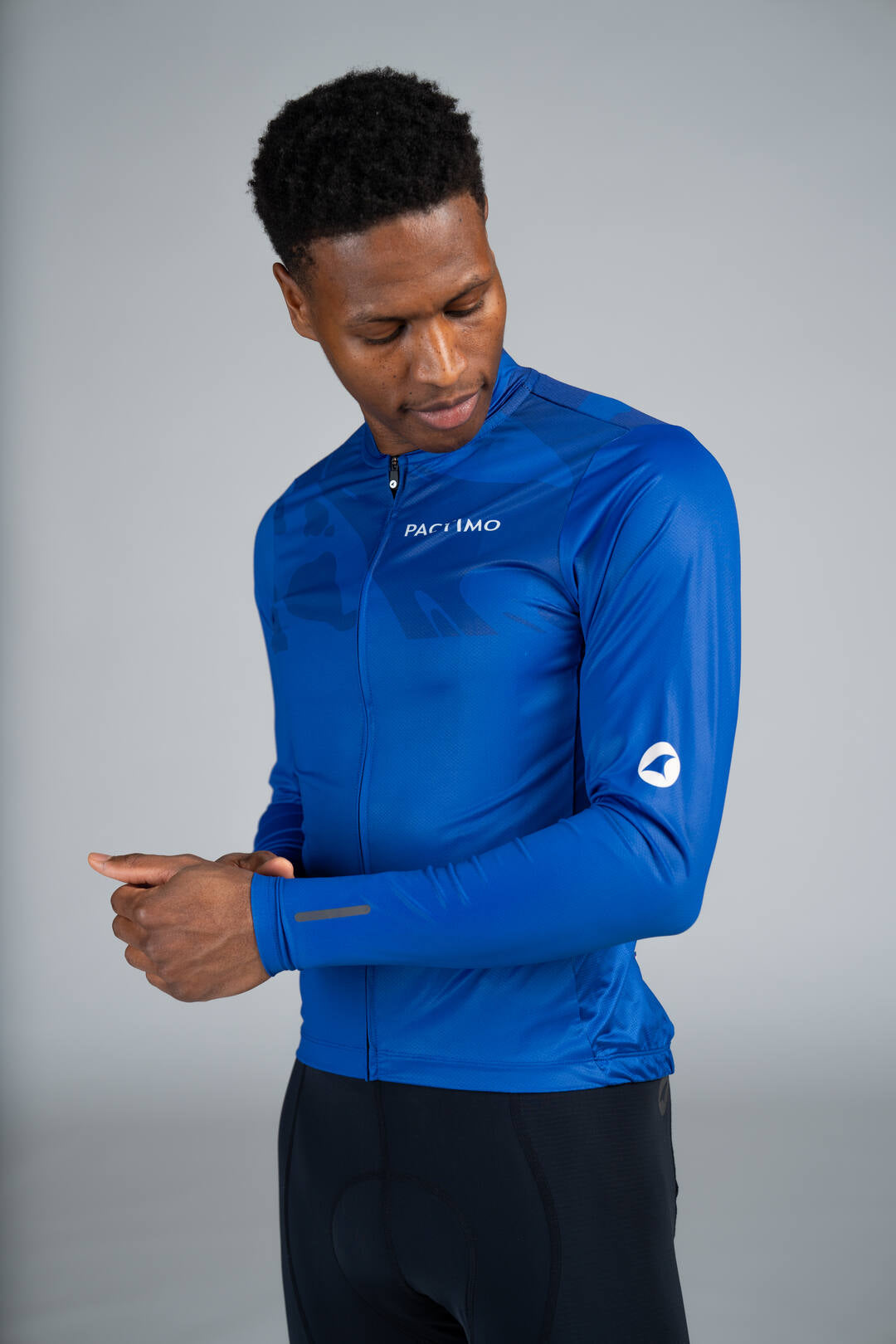 Men's Blue Long Sleeve Bike Jersey - Reflective Sleeve Detail