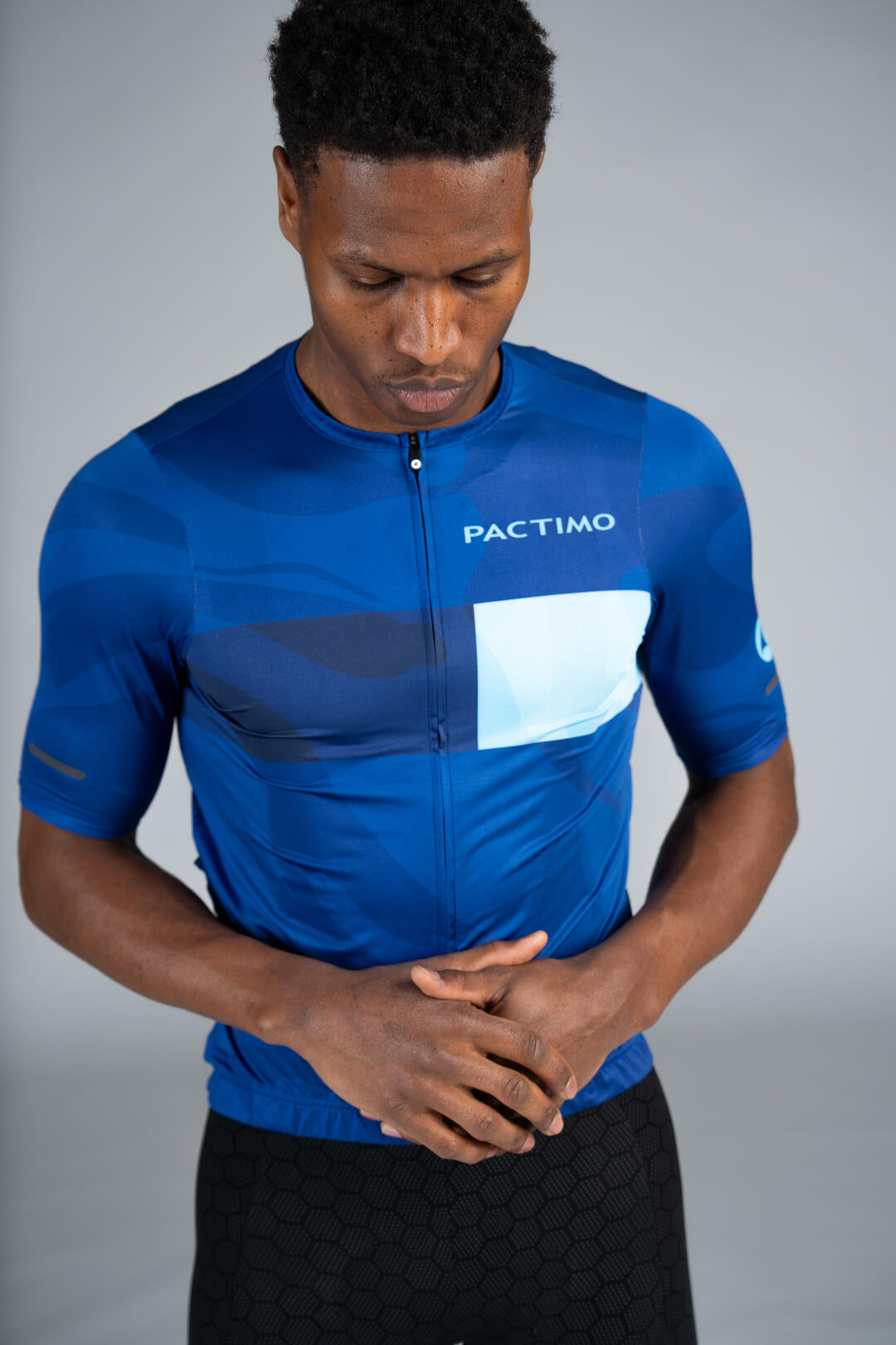 Mens Blue Stripe Summit Bike Jersey - Front Close-Up