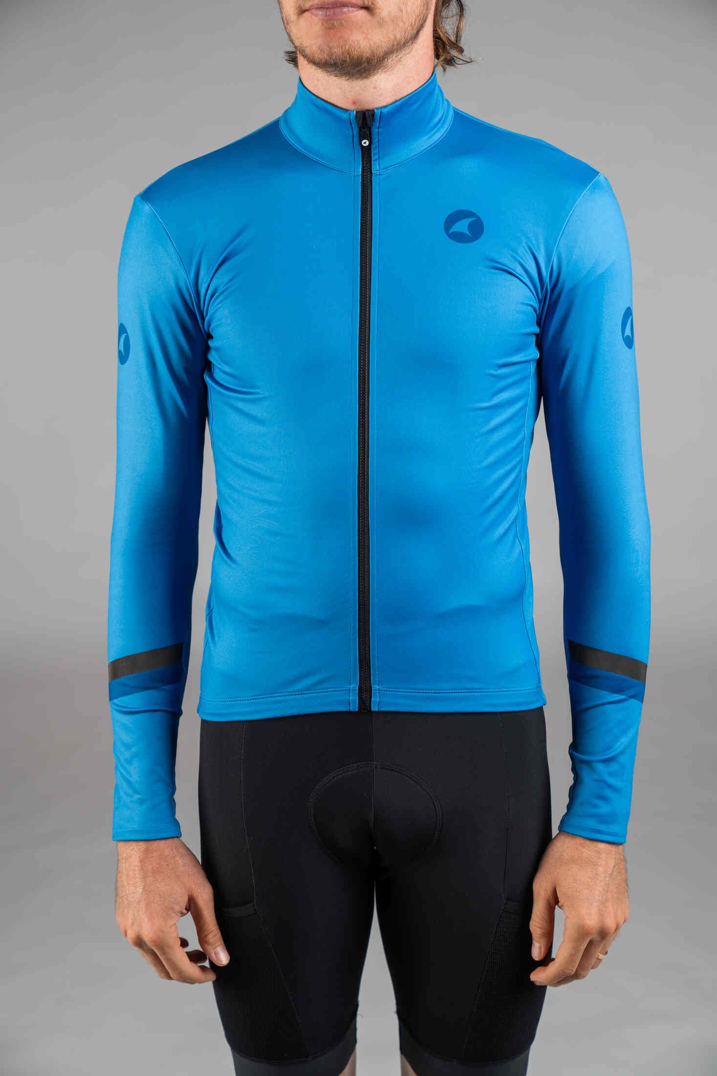 Men's Blue Thermal Cycling Jersey - Front Close-Up