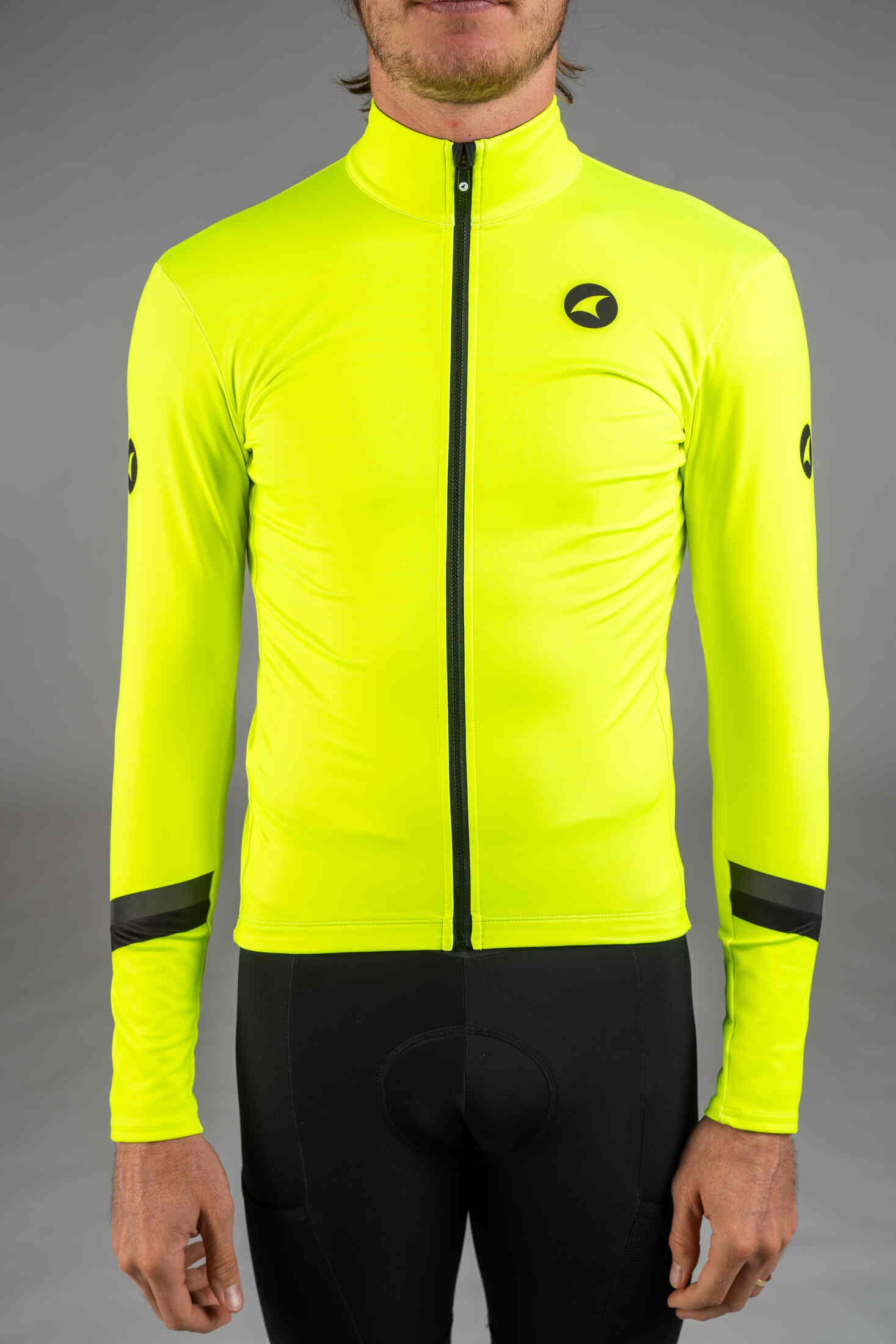 Men's High-Viz Yellow Thermal Cycling Jersey - Front Close-Up