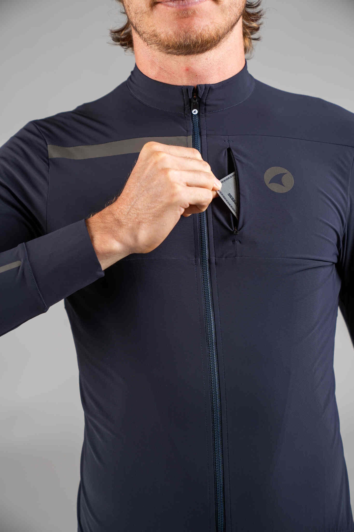 Men's Navy Blue Long Sleeve Gravel Cycling Jersey - Chest Pocket