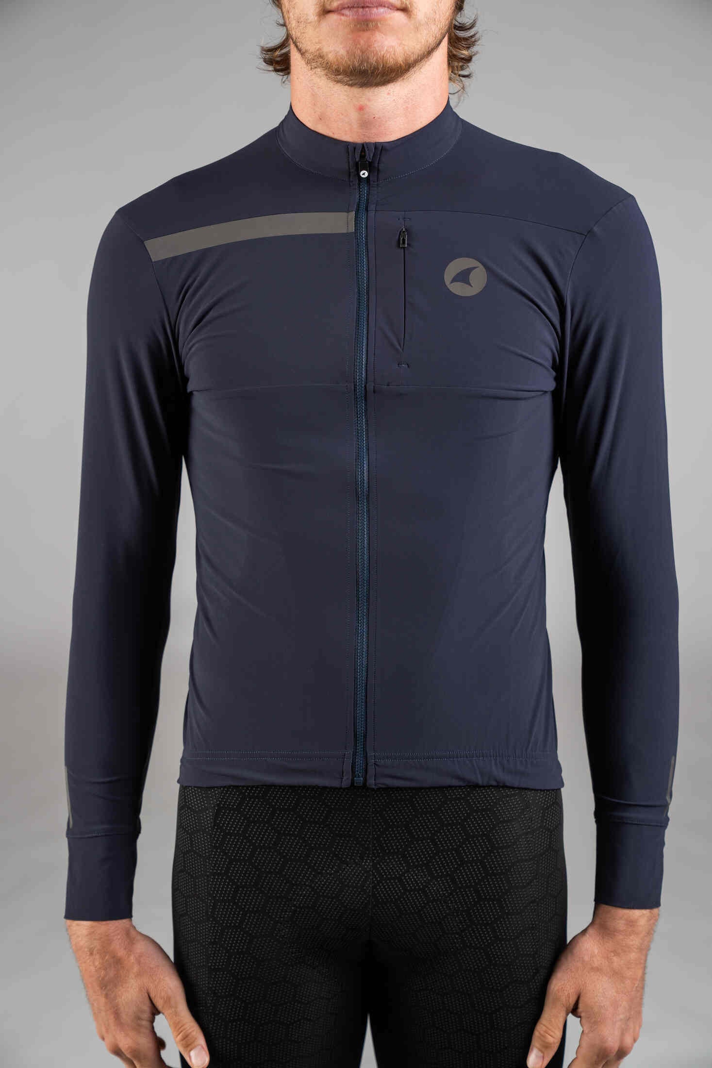 Men's Navy Blue Long Sleeve Gravel Cycling Jersey - Front Close-Up