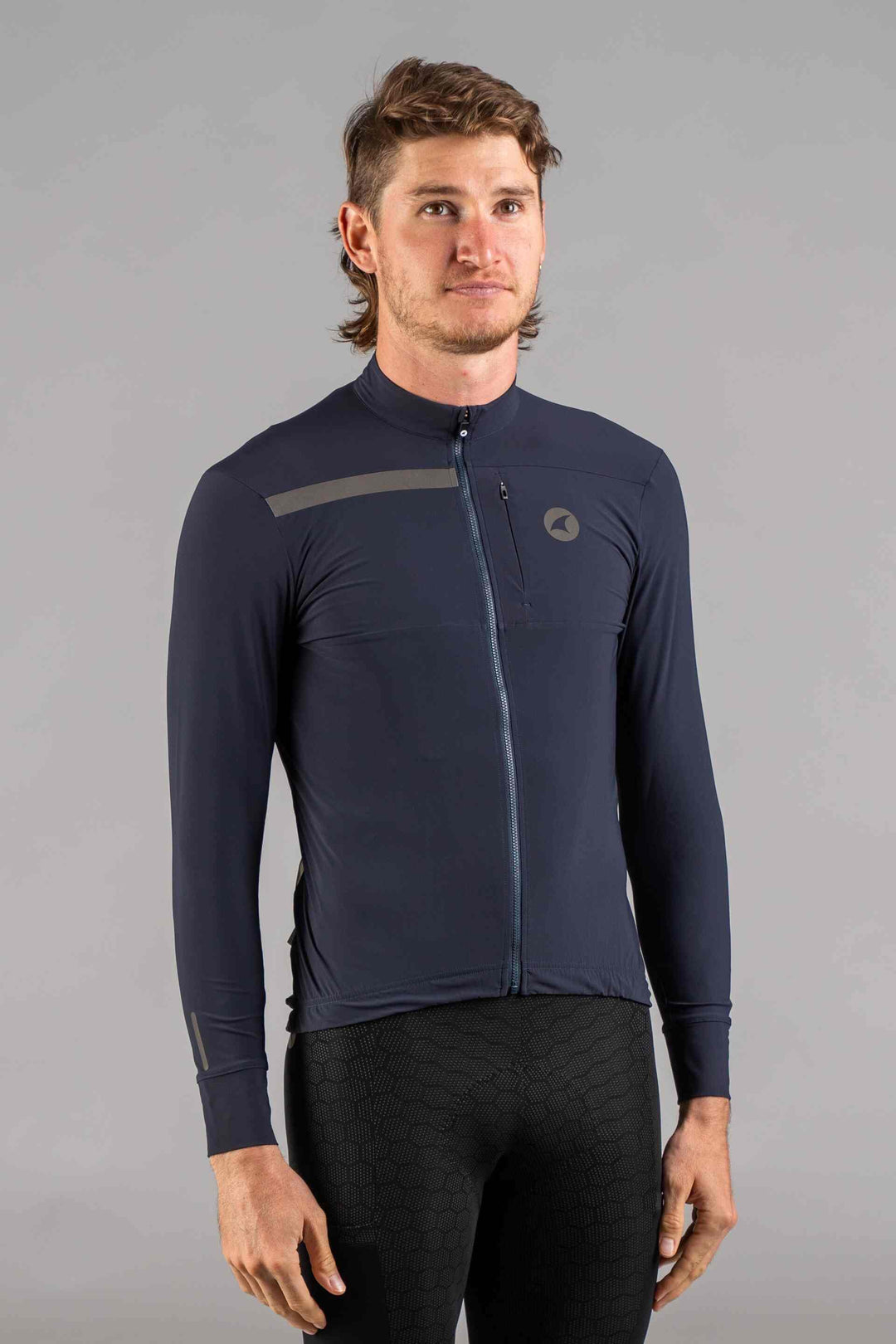 Men's Navy Blue Long Sleeve Gravel Cycling Jersey - Front View