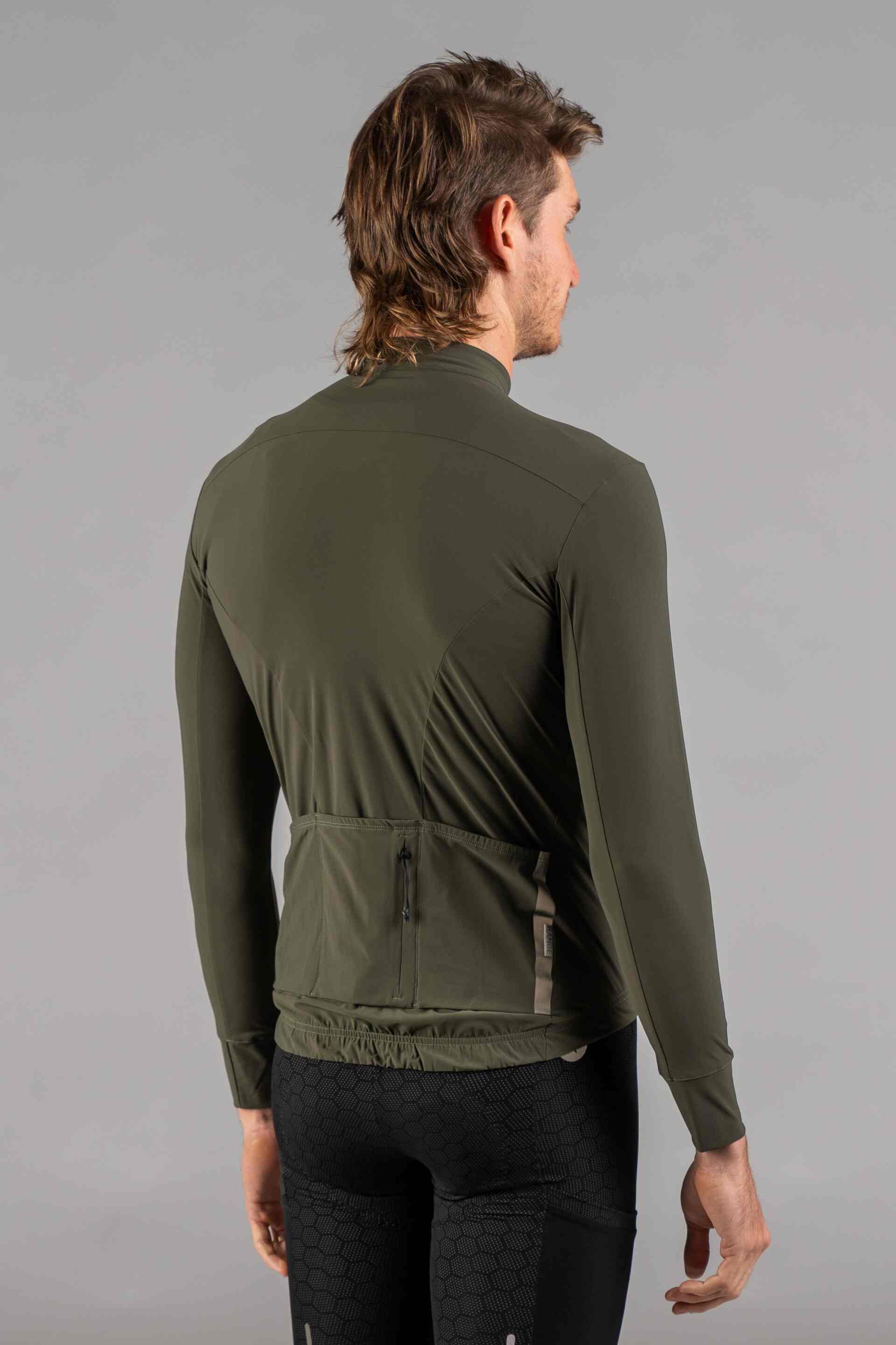 Men's Olive Green Long Sleeve Gravel Cycling Jersey - Back View