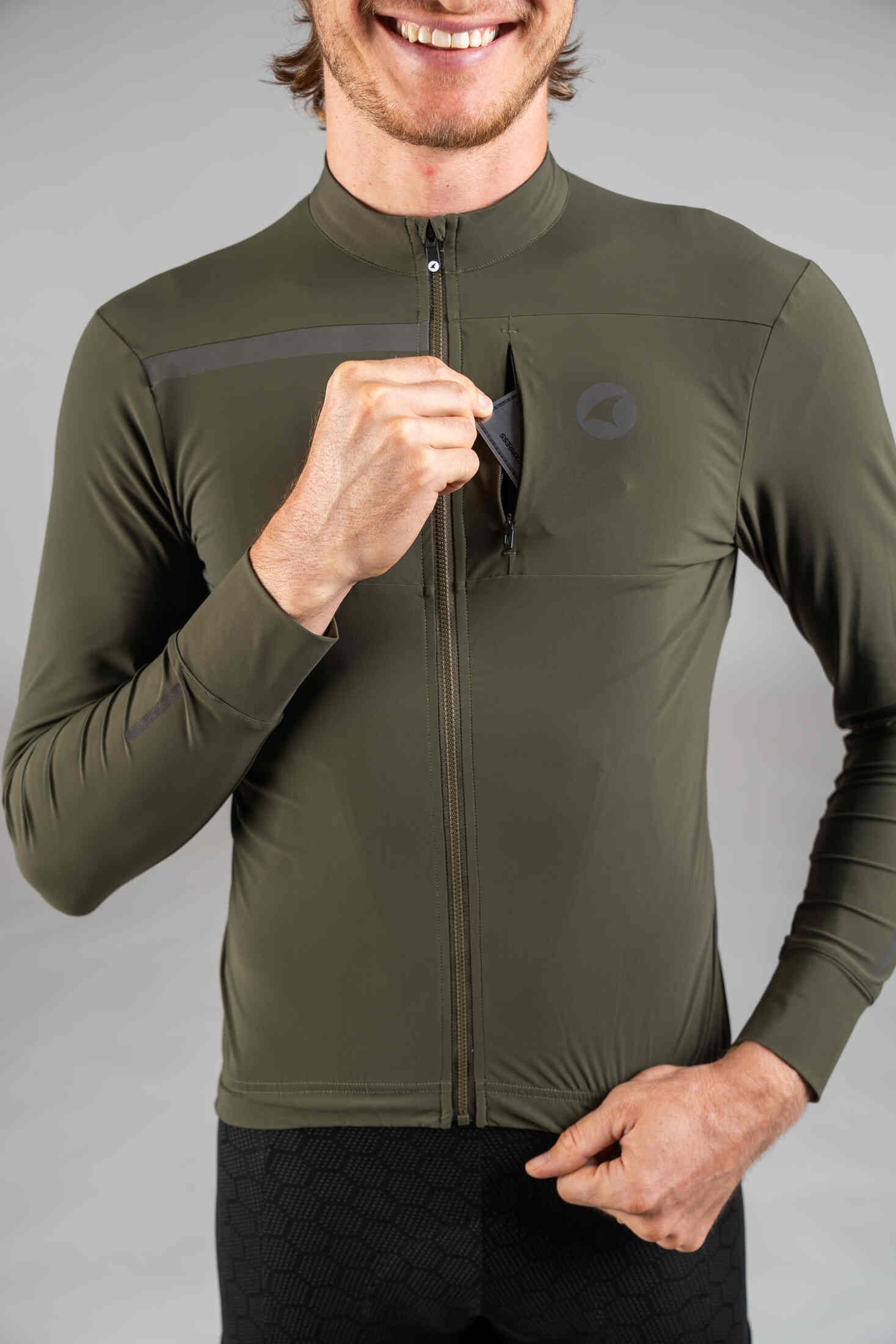 Men's Olive Green Long Sleeve Gravel Cycling Jersey - Chest Pocket