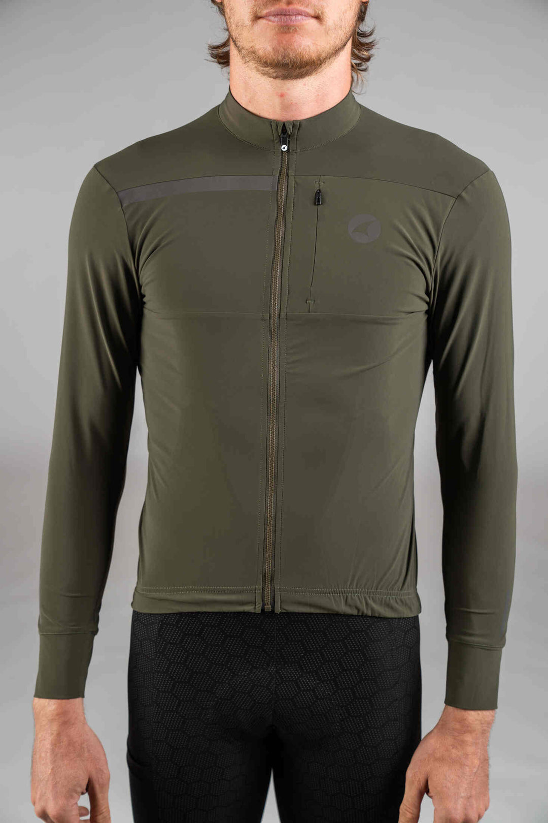 Men's Olive Green Long Sleeve Gravel Cycling Jersey - Front Close-Up