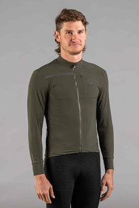 Men's Olive Green Long Sleeve Gravel Cycling Jersey - Front View