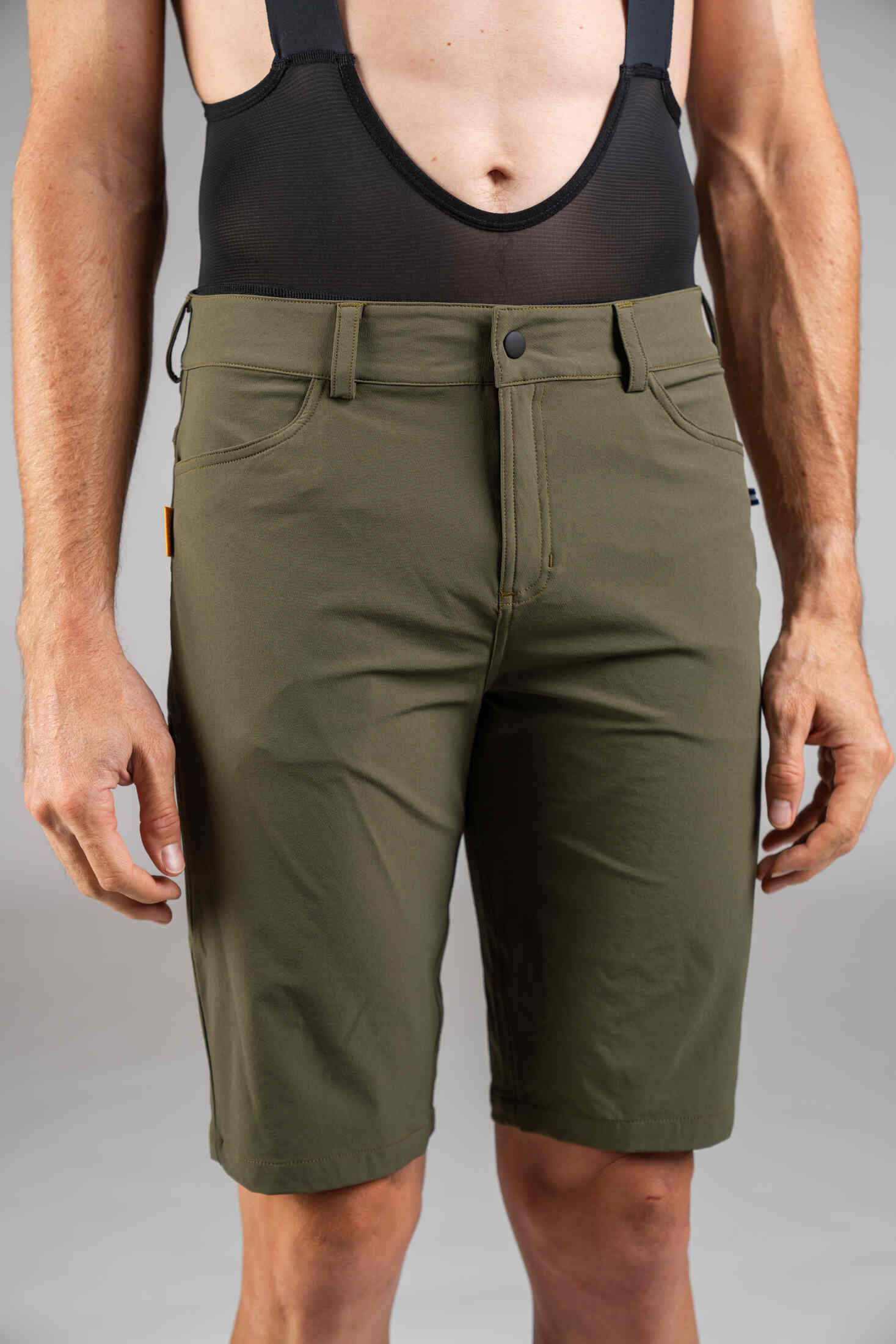 Men's Olive Green Mountain Bike Shorts - Front Close-Up