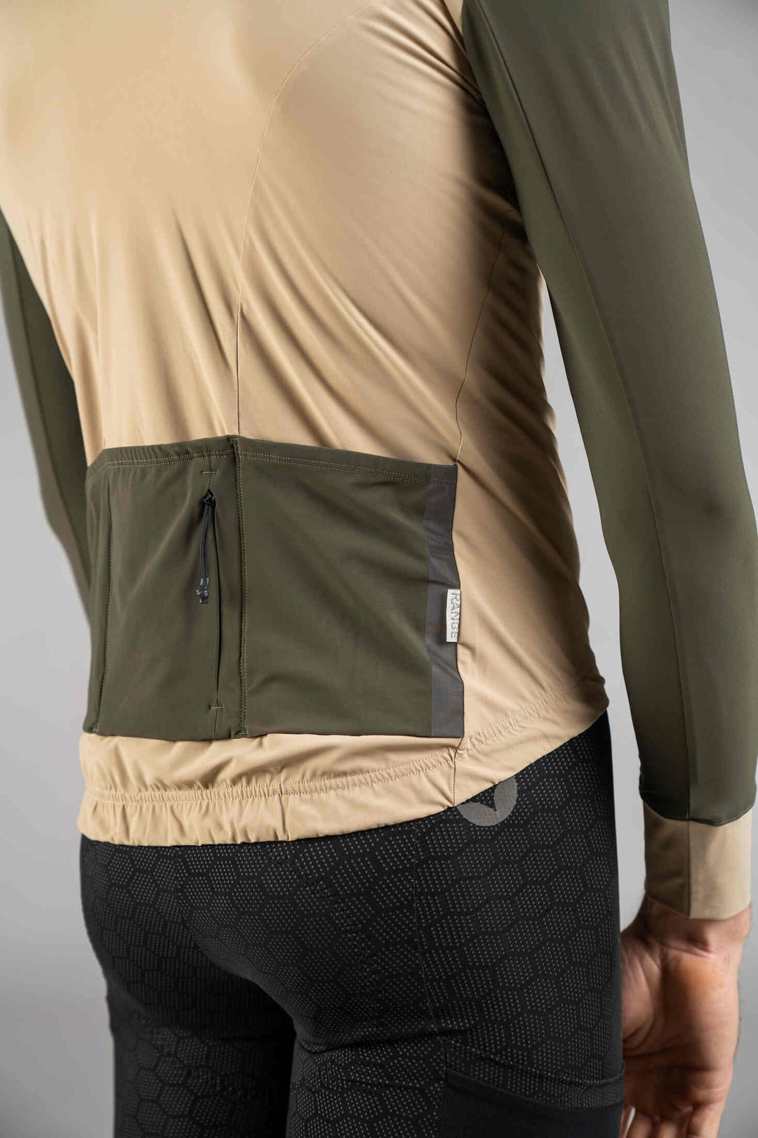 Men's Olive & Beige Long Sleeve Gravel Cycling Jersey - Back Pockets