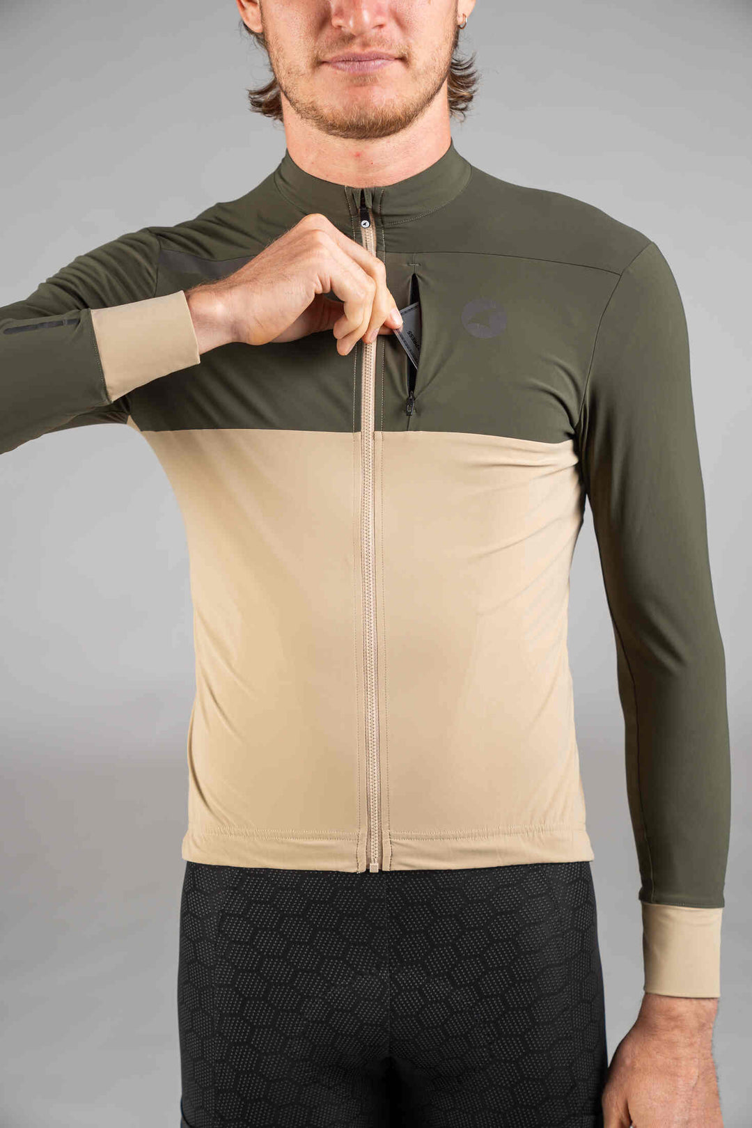 Men's Olive & Beige Long Sleeve Gravel Cycling Jersey - Chest Pocket