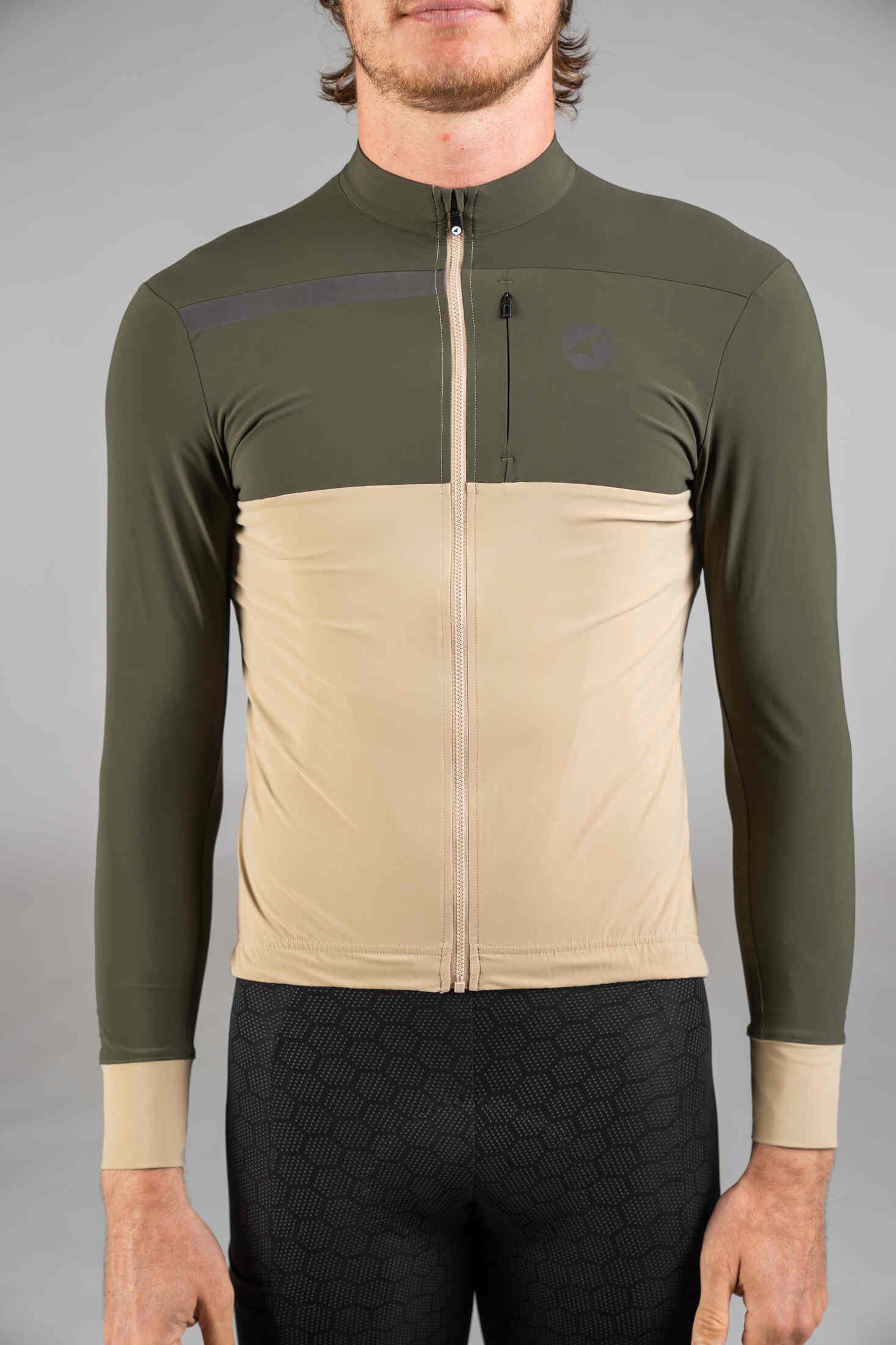 Men's Olive & Beige Long Sleeve Gravel Cycling Jersey - Front Close-Up