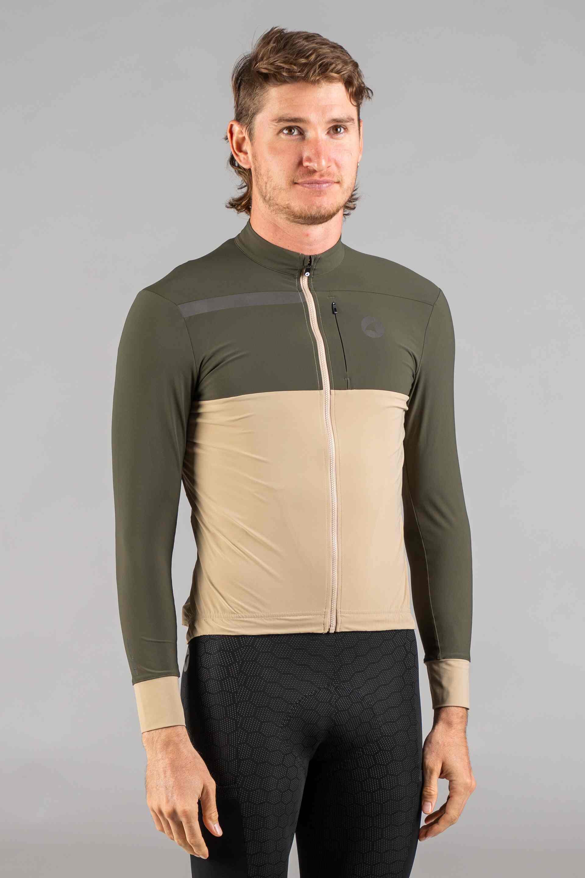 Men's Olive & Beige Long Sleeve Gravel Cycling Jersey - Front View