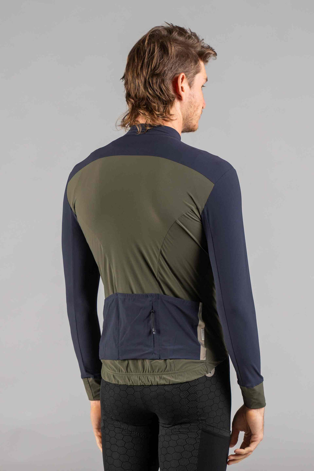 Men's Navy & Olive Long Sleeve Gravel Cycling Jersey - Back View