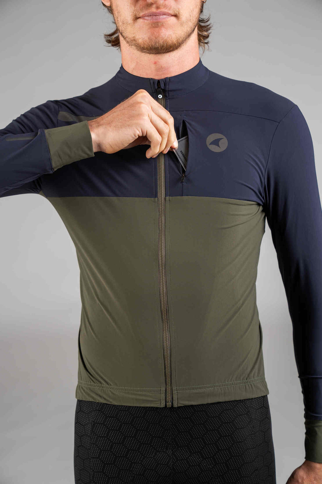 Men's Navy & Olive Long Sleeve Gravel Cycling Jersey - Chest Pocket