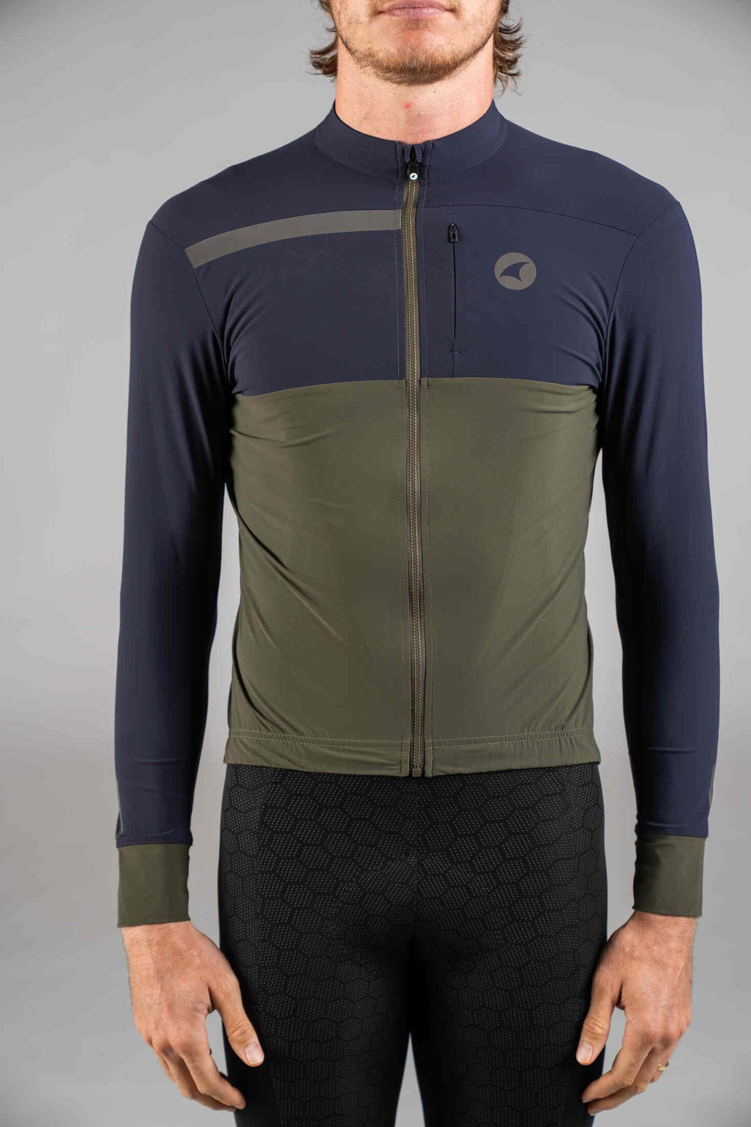 Men's Navy & Olive Long Sleeve Gravel Cycling Jersey - Front Close-Up