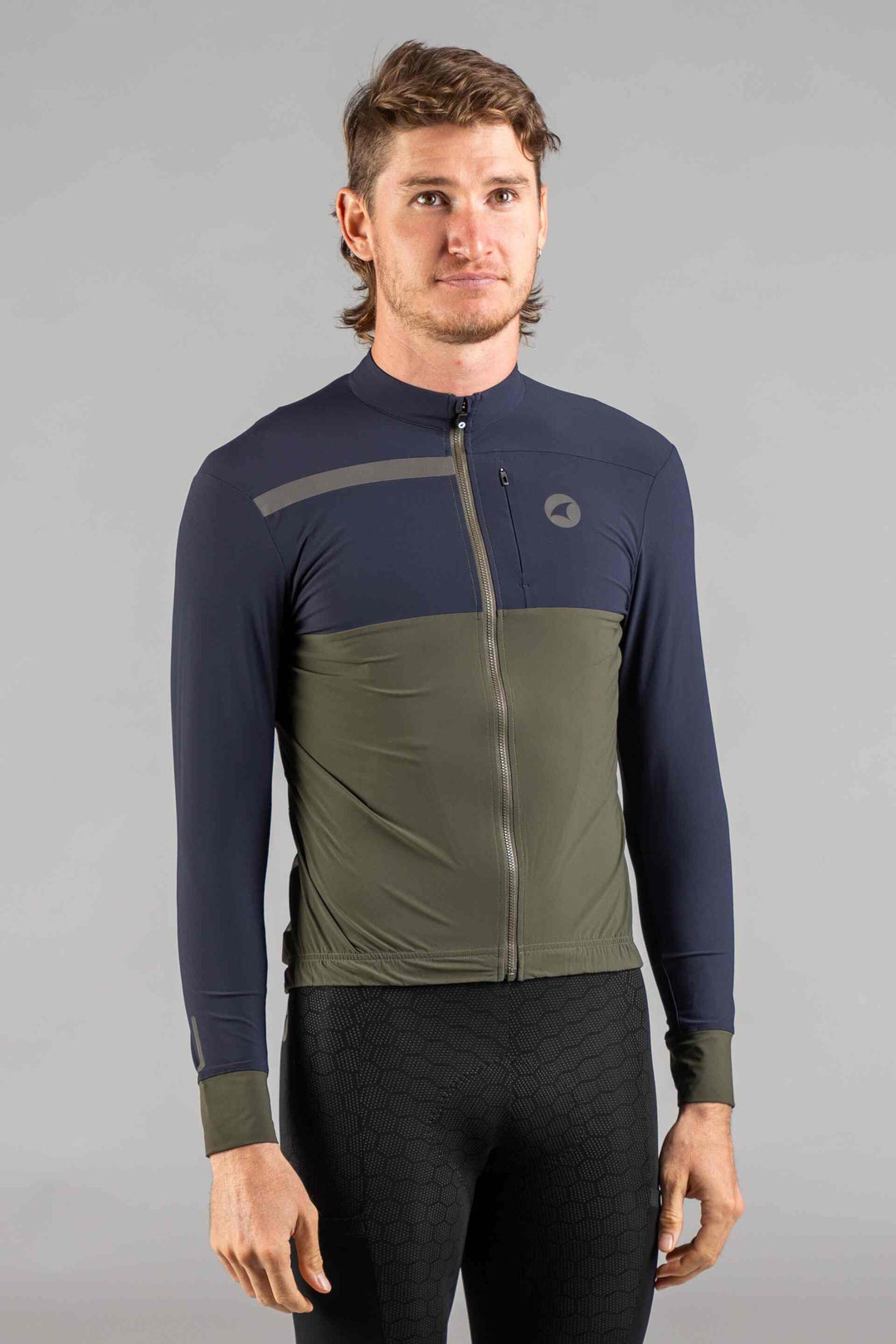 Men's Navy & Olive Long Sleeve Gravel Cycling Jersey - Front View