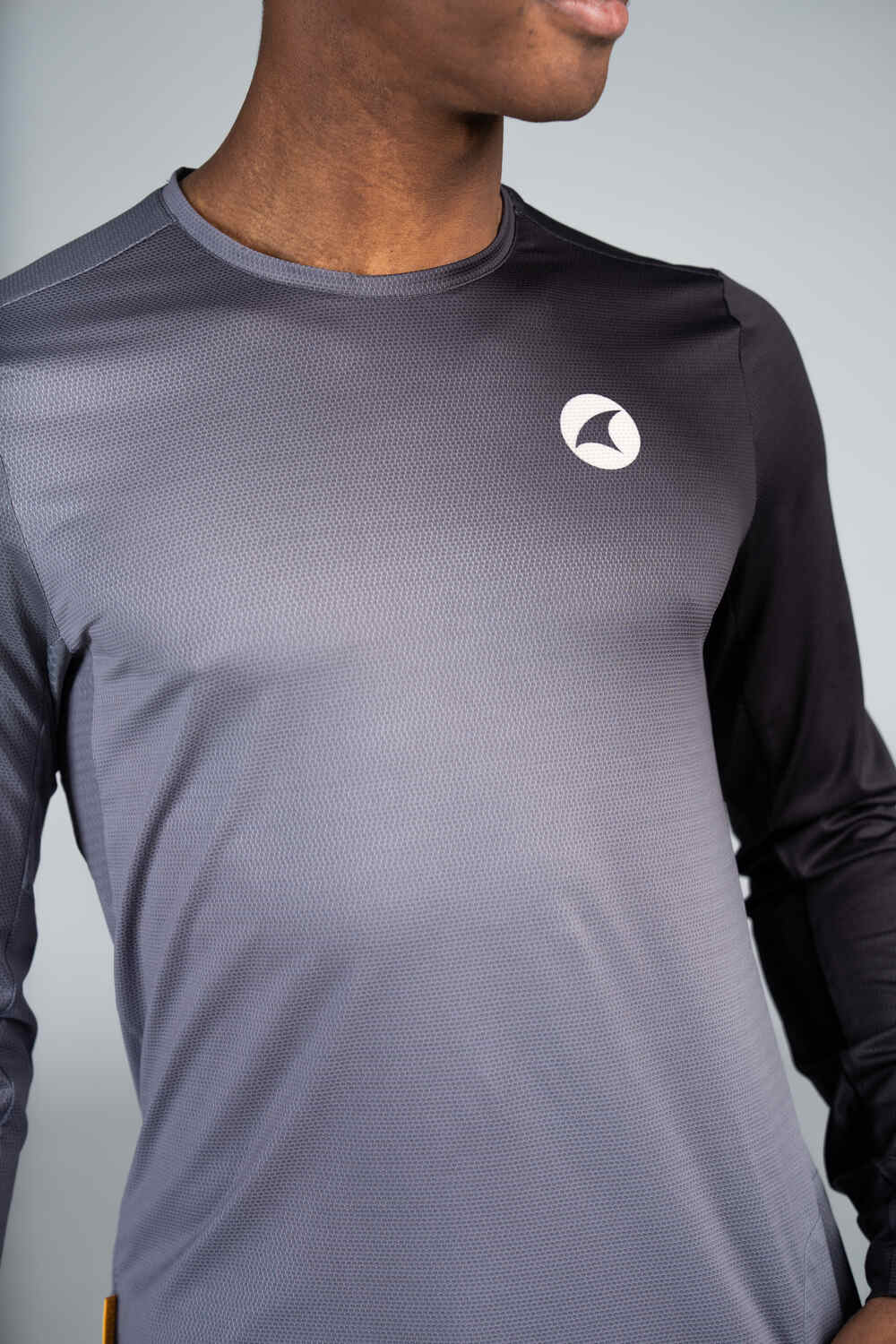 Men's Range Gray Long Sleeve Mountain Bike Tee - Front Close-Up