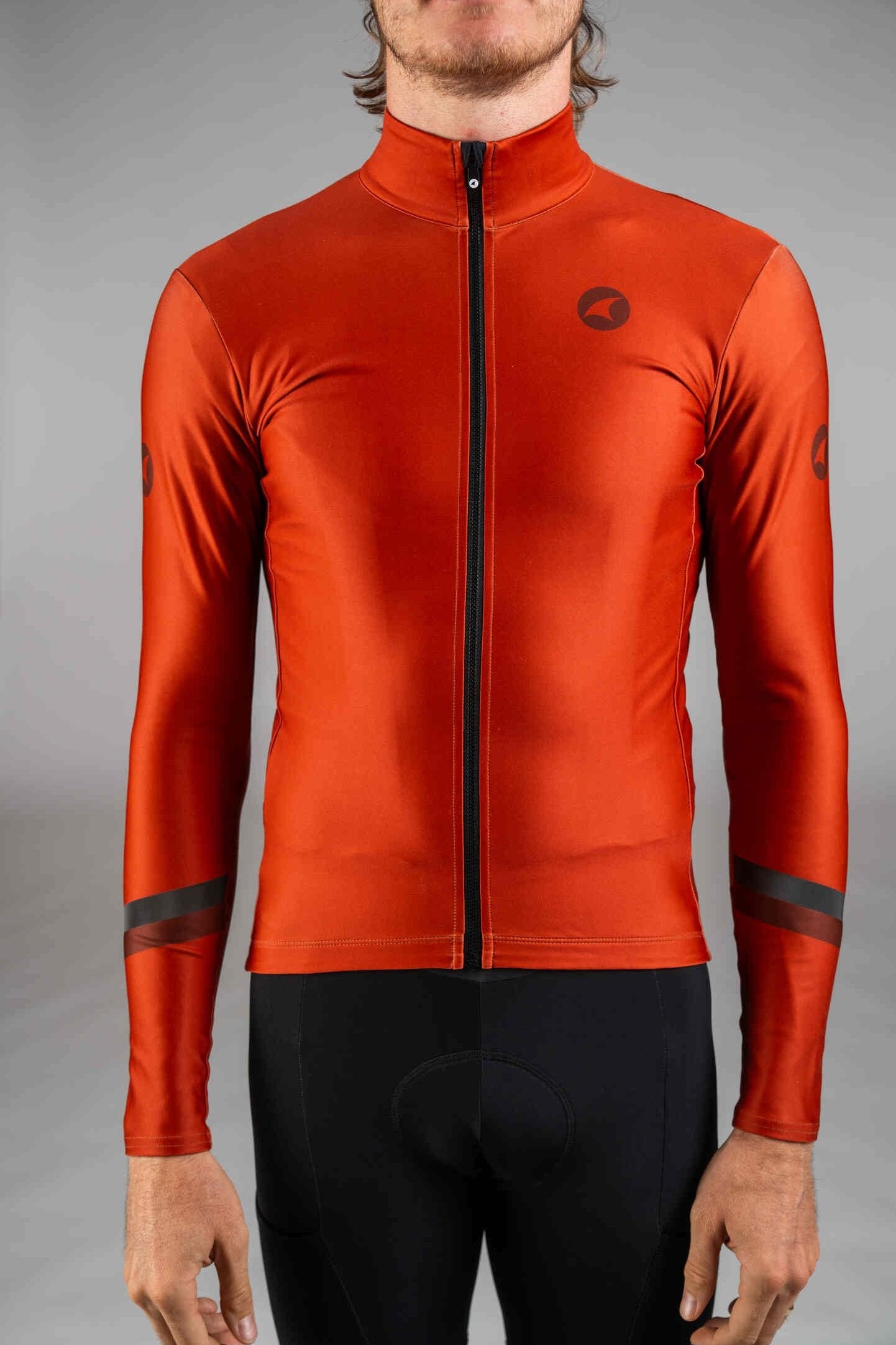 Men's Red Orange Thermal Cycling Jersey - Front Close-Up