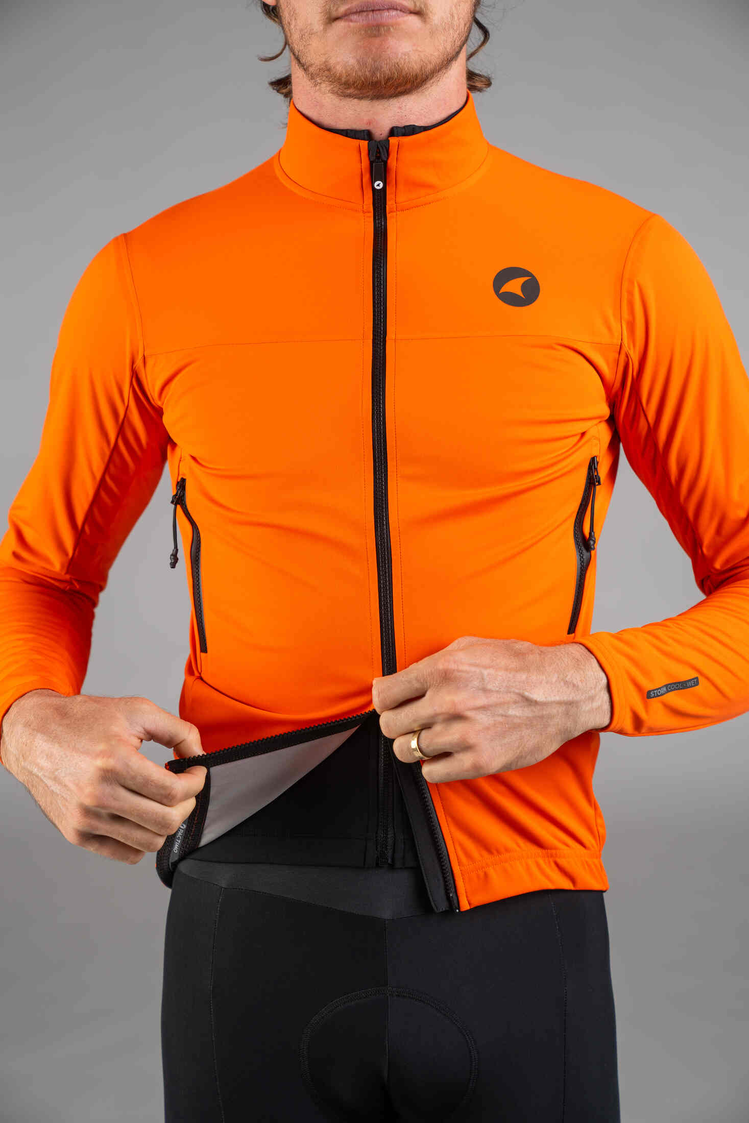 Men's Red Orange Water Resistant Cycling Jacket - Two-Way Zipper