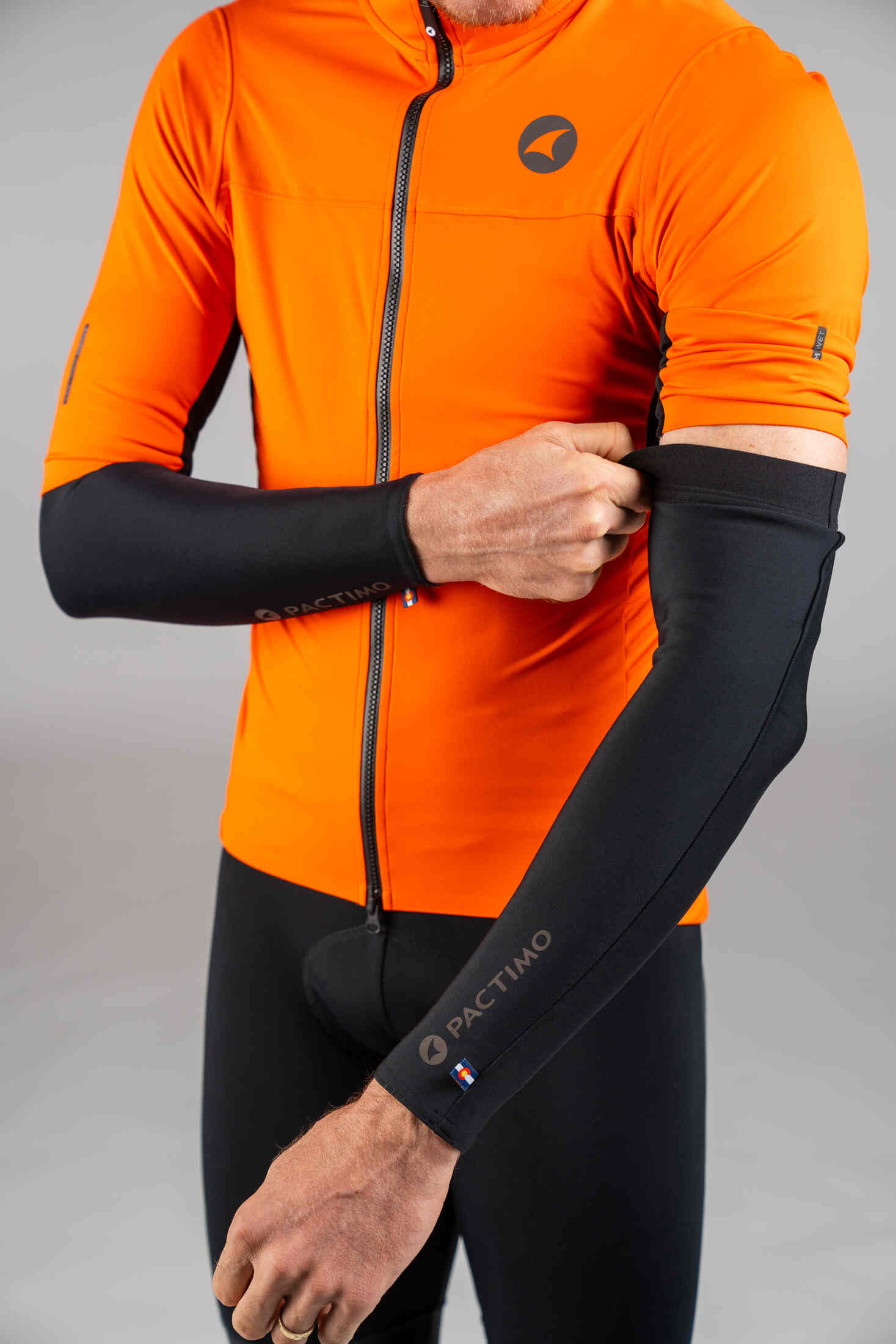 Men's Red Orange Water-Resistant Short Sleeve Jacket - Arm Warmers Under Sleeves