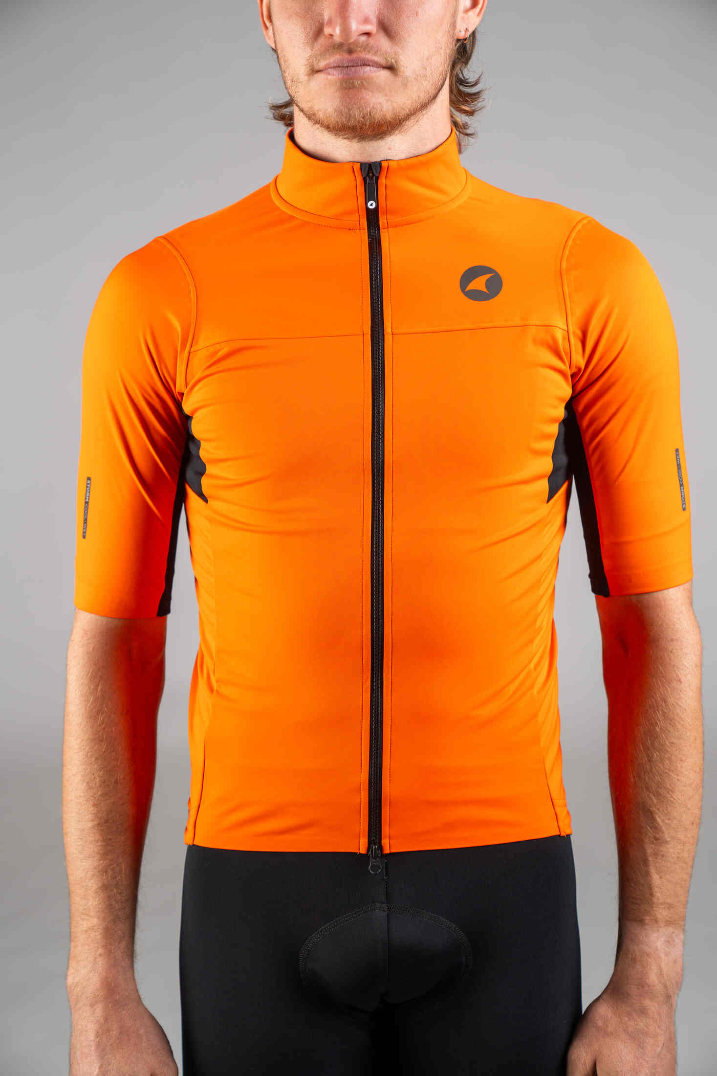 Men's Red Orange Water-Resistant Short Sleeve Jacket - Front Close-up