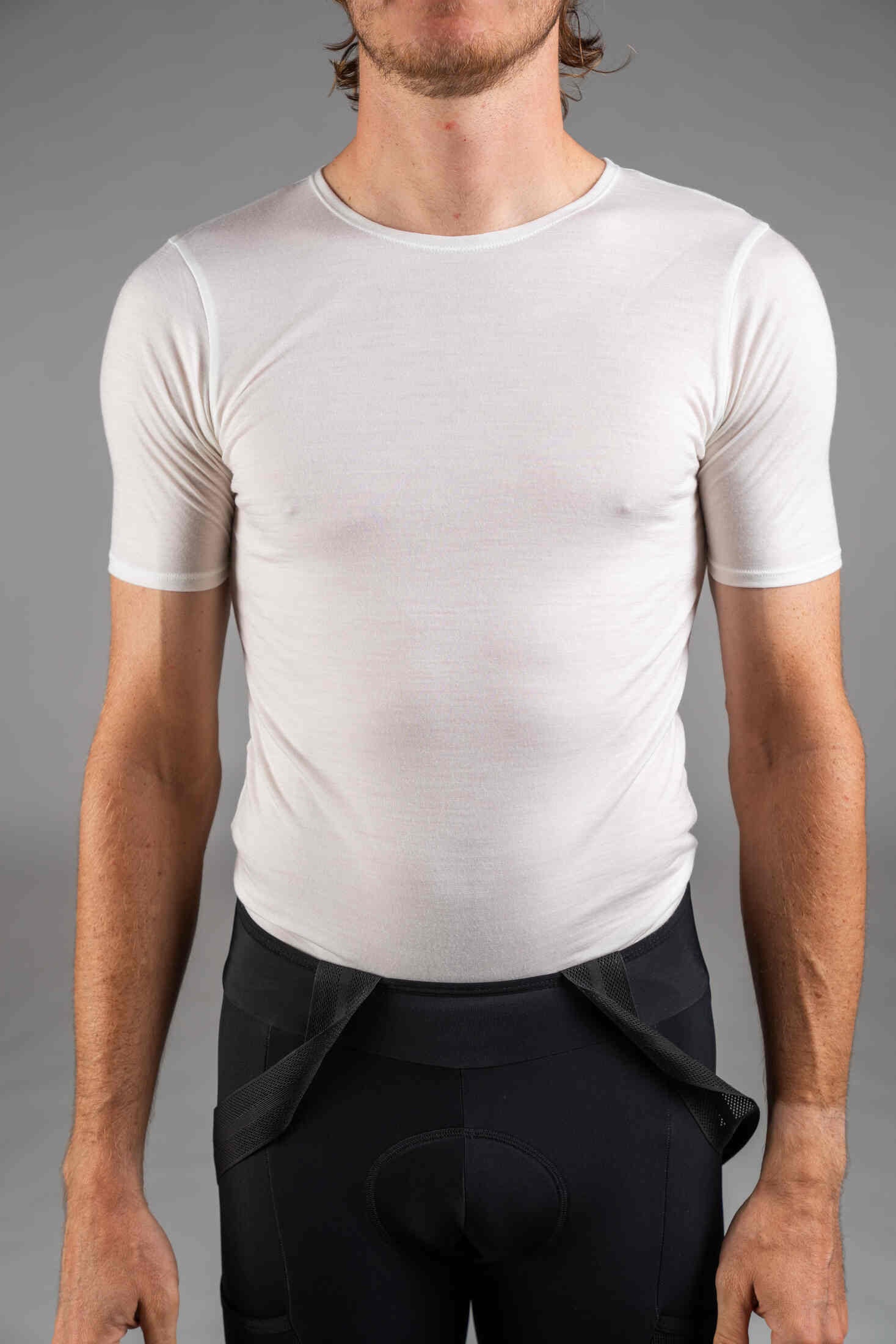 Men's White Merino Wool Cycling Base Layer - Front Close-Up