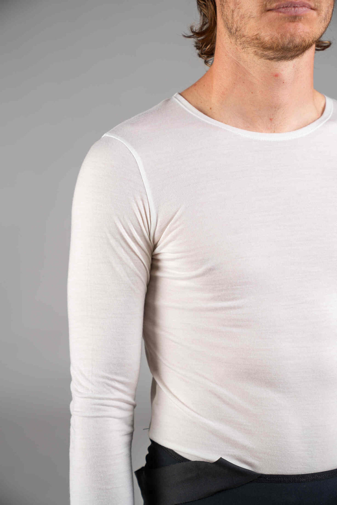 Men's White Merino Wool Cycling Base Layer - Collar