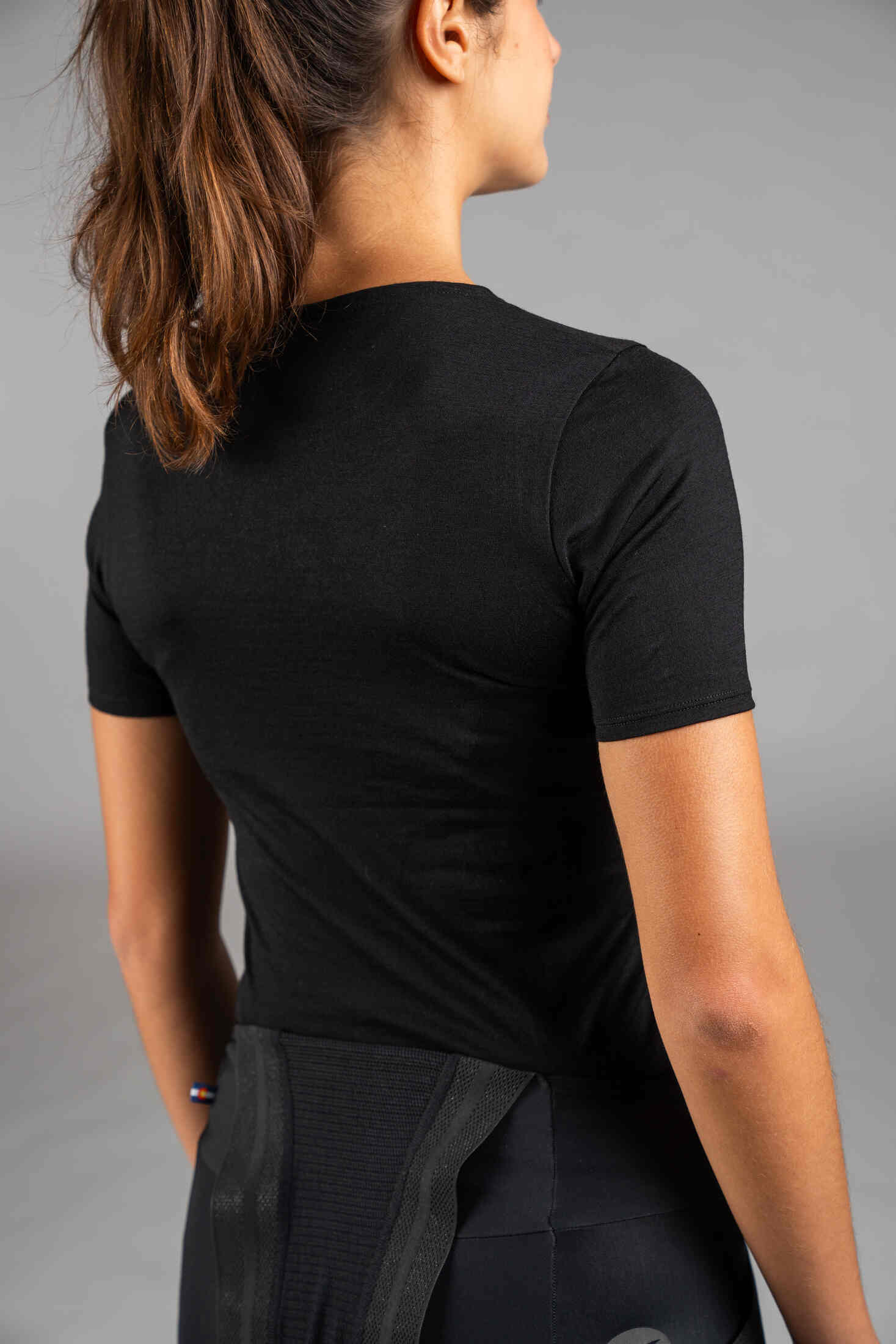 Women's Black Merino Wool Cycling Base Layer - Back Close-Up