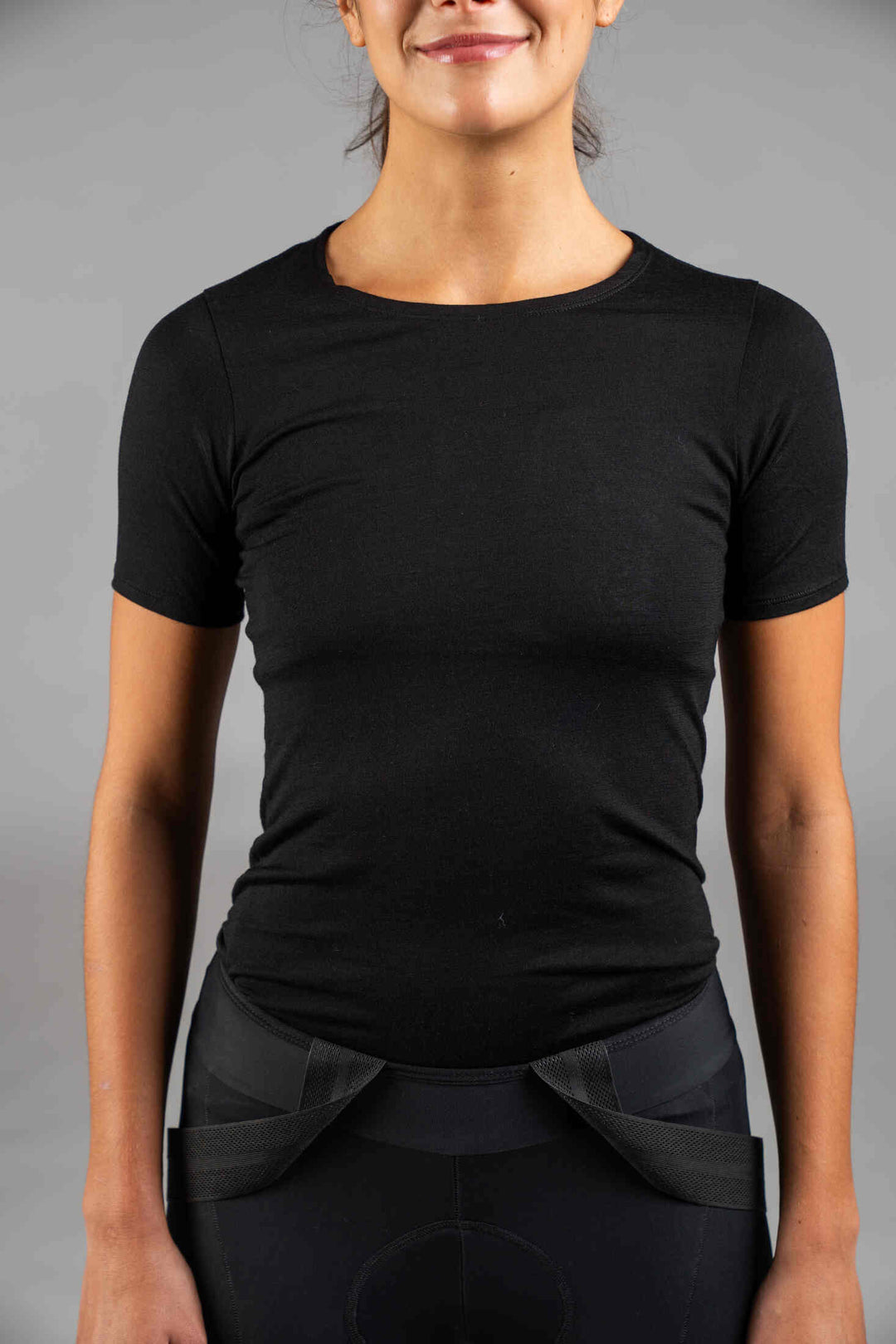 Women's Black Merino Wool Cycling Base Layer - Front Close-Up