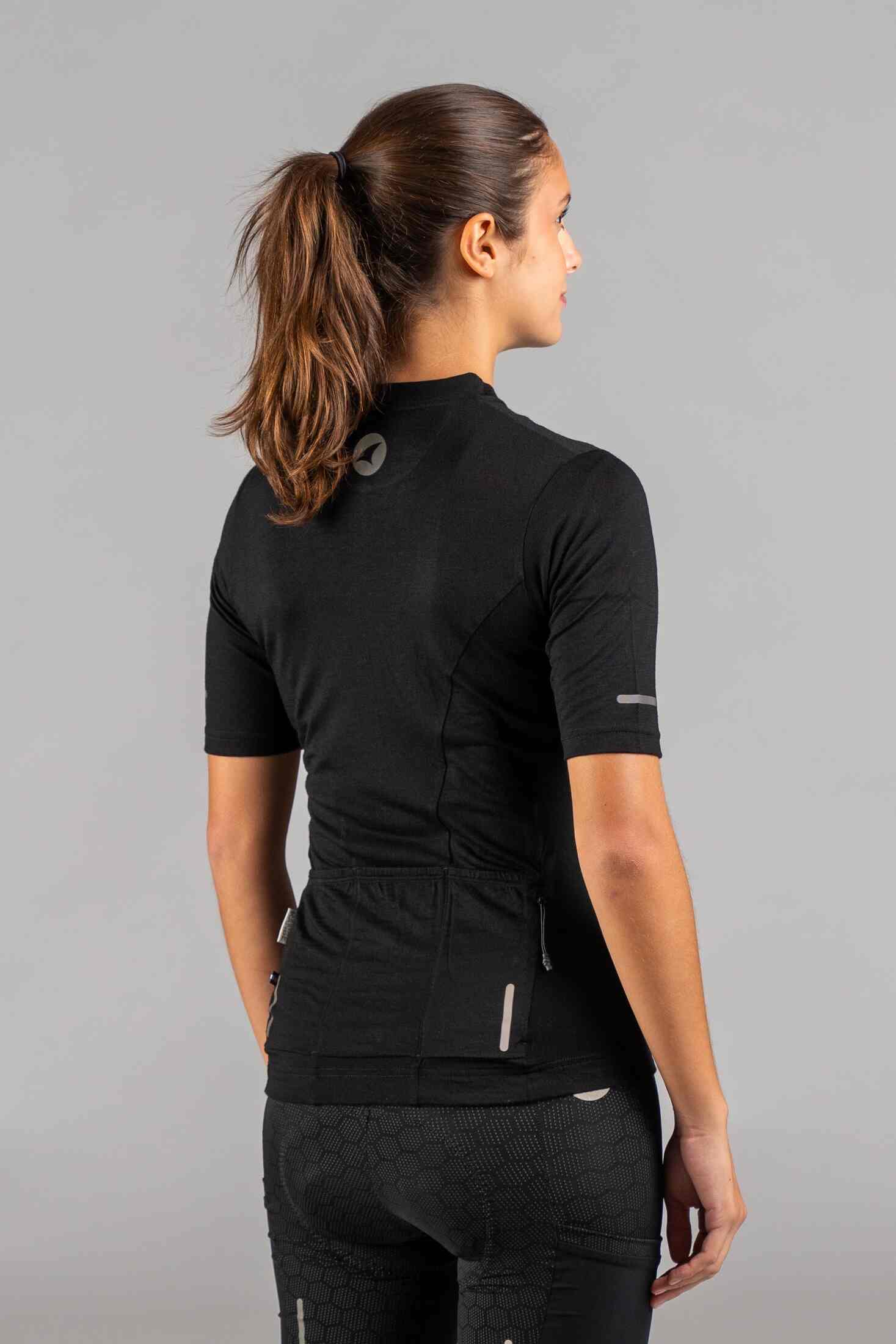 Women's Black Merino Wool Cycling Jersey - Back View