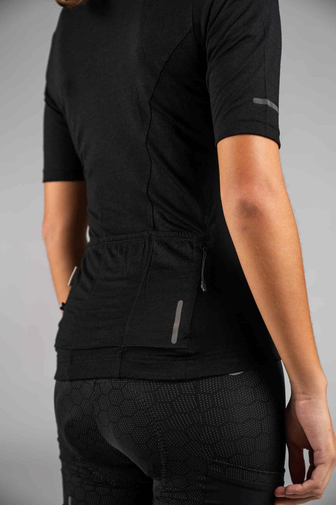 Women's Black Merino Wool Cycling Jersey - Back Zippered Pocket