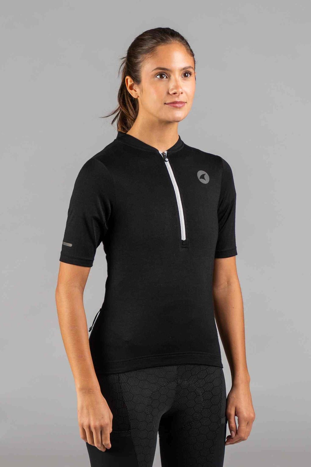 Women's Black Merino Wool Cycling Jersey - Front View