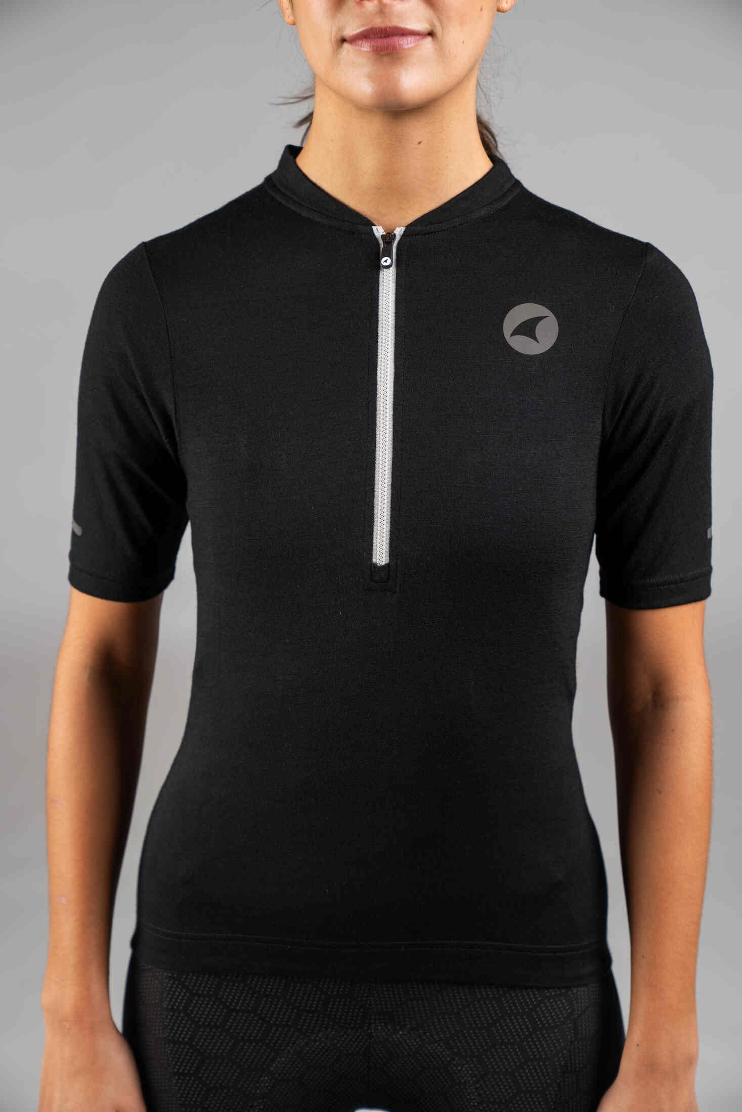 Women's Black Merino Wool Cycling Jersey - Front Zipper