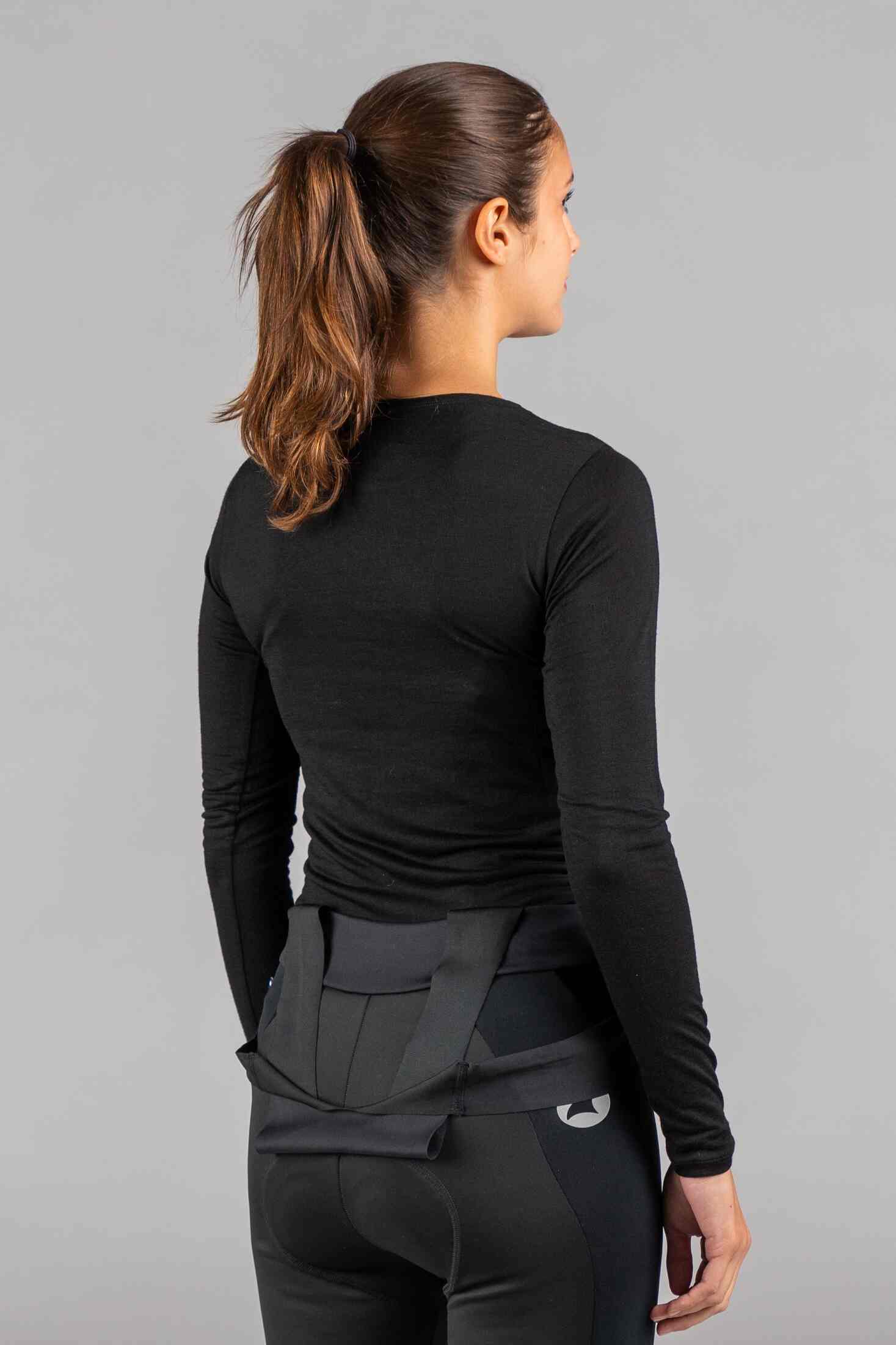 Women's Black Merino Wool Long Sleeve Cycling Base Layer - Back View