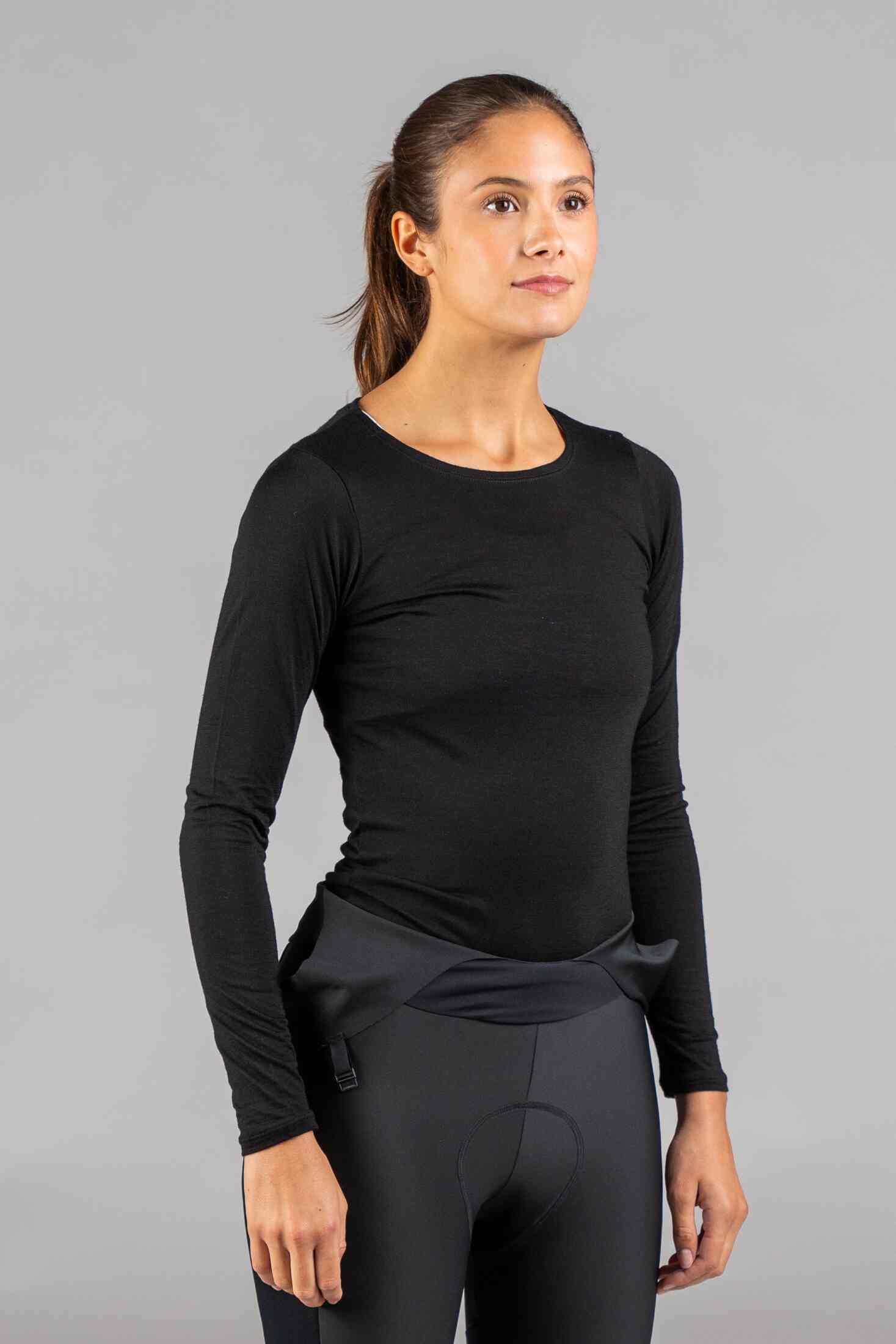 Women's Black Merino Wool Long Sleeve Cycling Base Layer - Front View