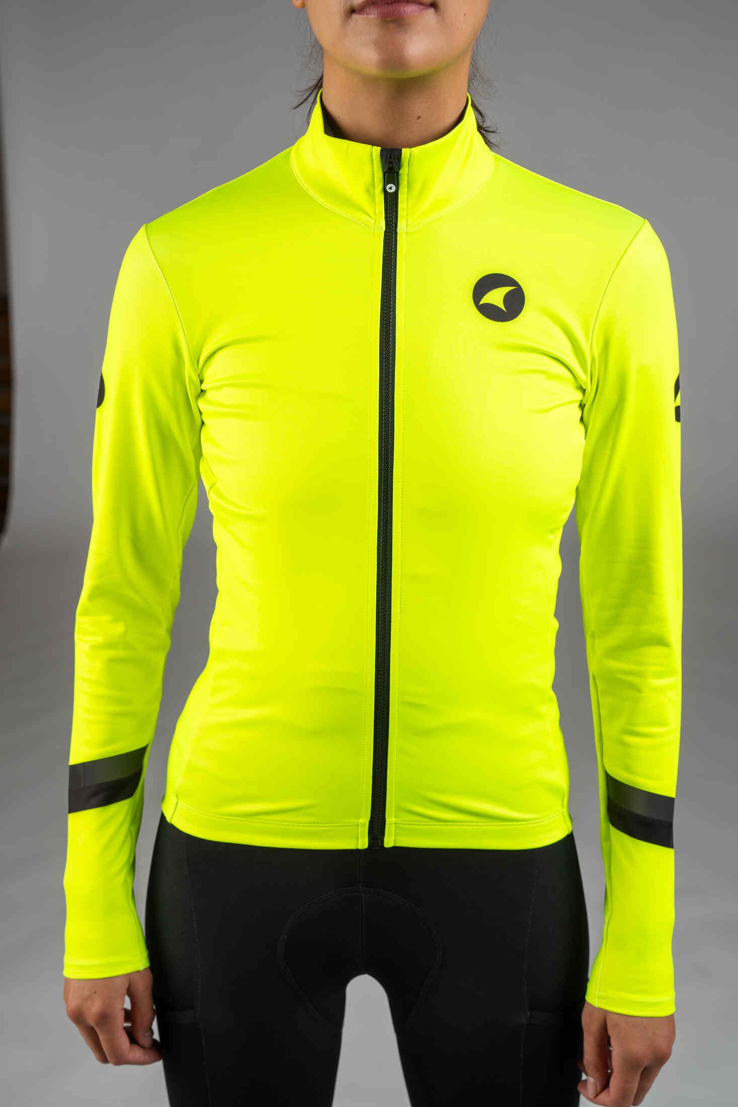 Women's High-Viz Yellow Thermal Cycling Jersey - Front Close-Up